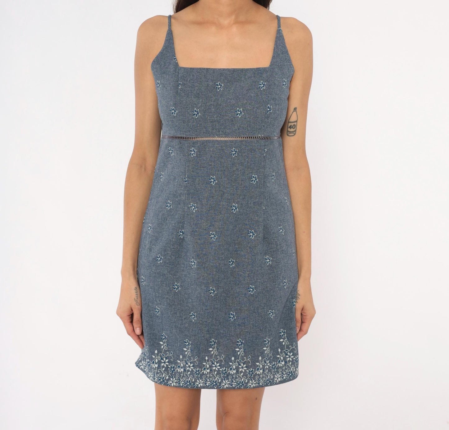 Y2K Alias Blue Chambray Floral Mini Dress Square Neck Spaghetti Strap Small