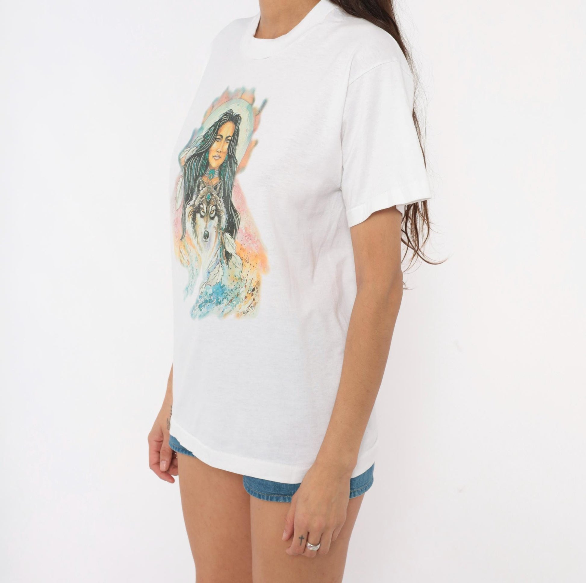 90s Wolf Moon Feather Graphic Tee Fruit Of The Loom White Medium
