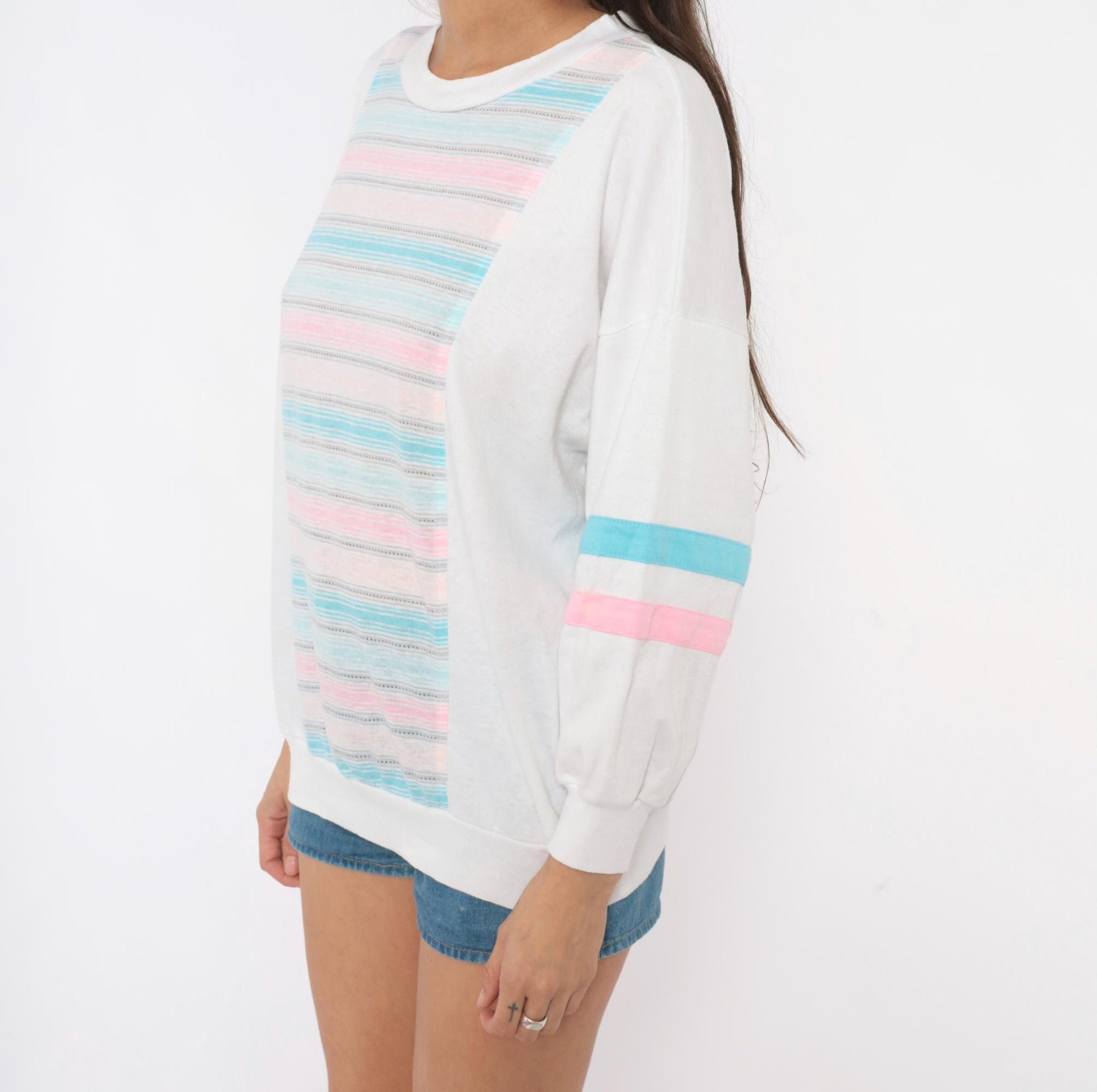 80s Marc Perry Pastel Striped Cotton Sweatshirt Crew Neck Medium