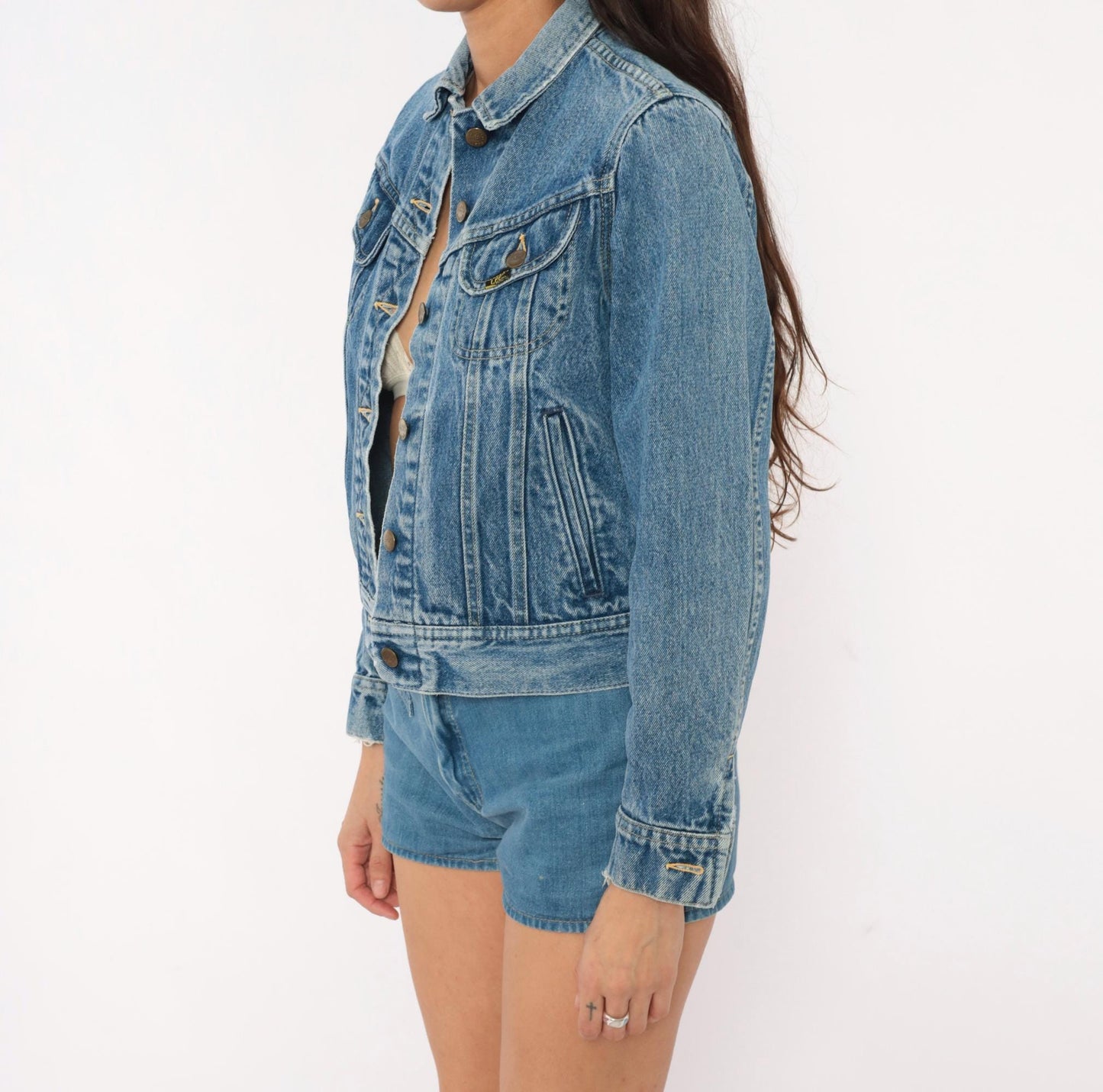 80s Ms Lee Denim Jacket Blue Cropped Trucker Pointed Collar Extra Small XS