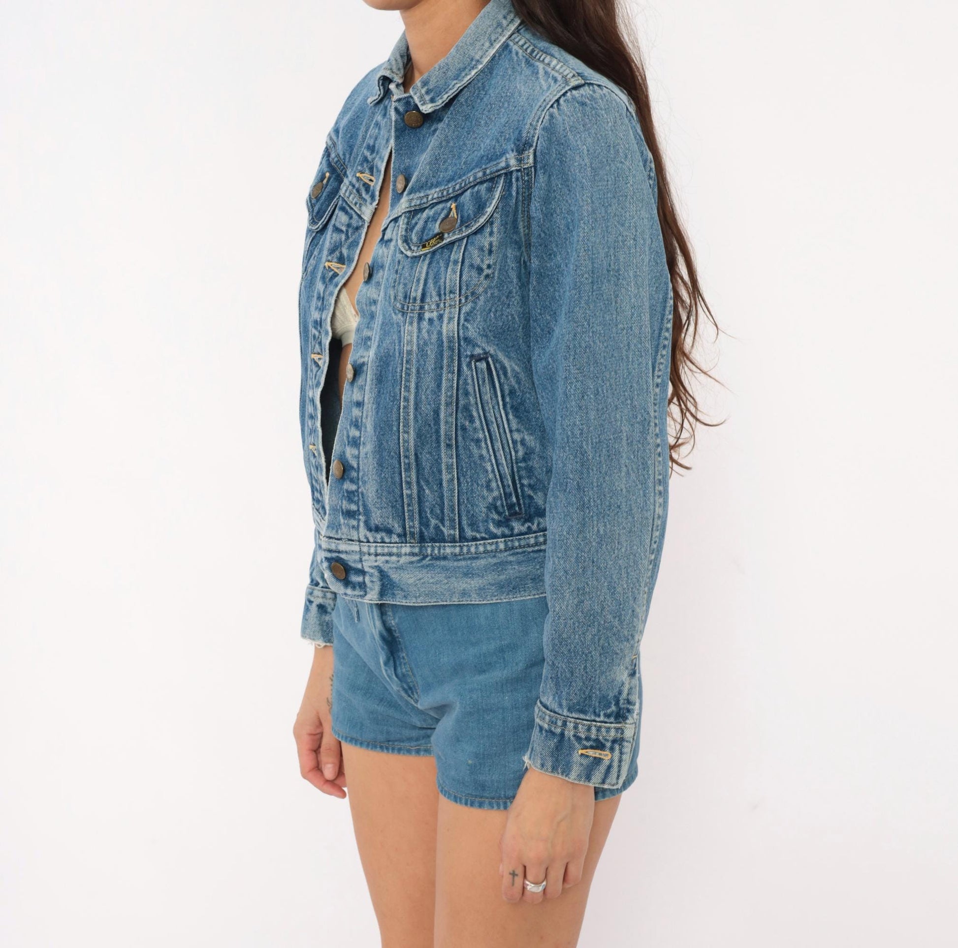 80s Ms Lee Denim Jacket Blue Cropped Trucker Pointed Collar Extra Small XS