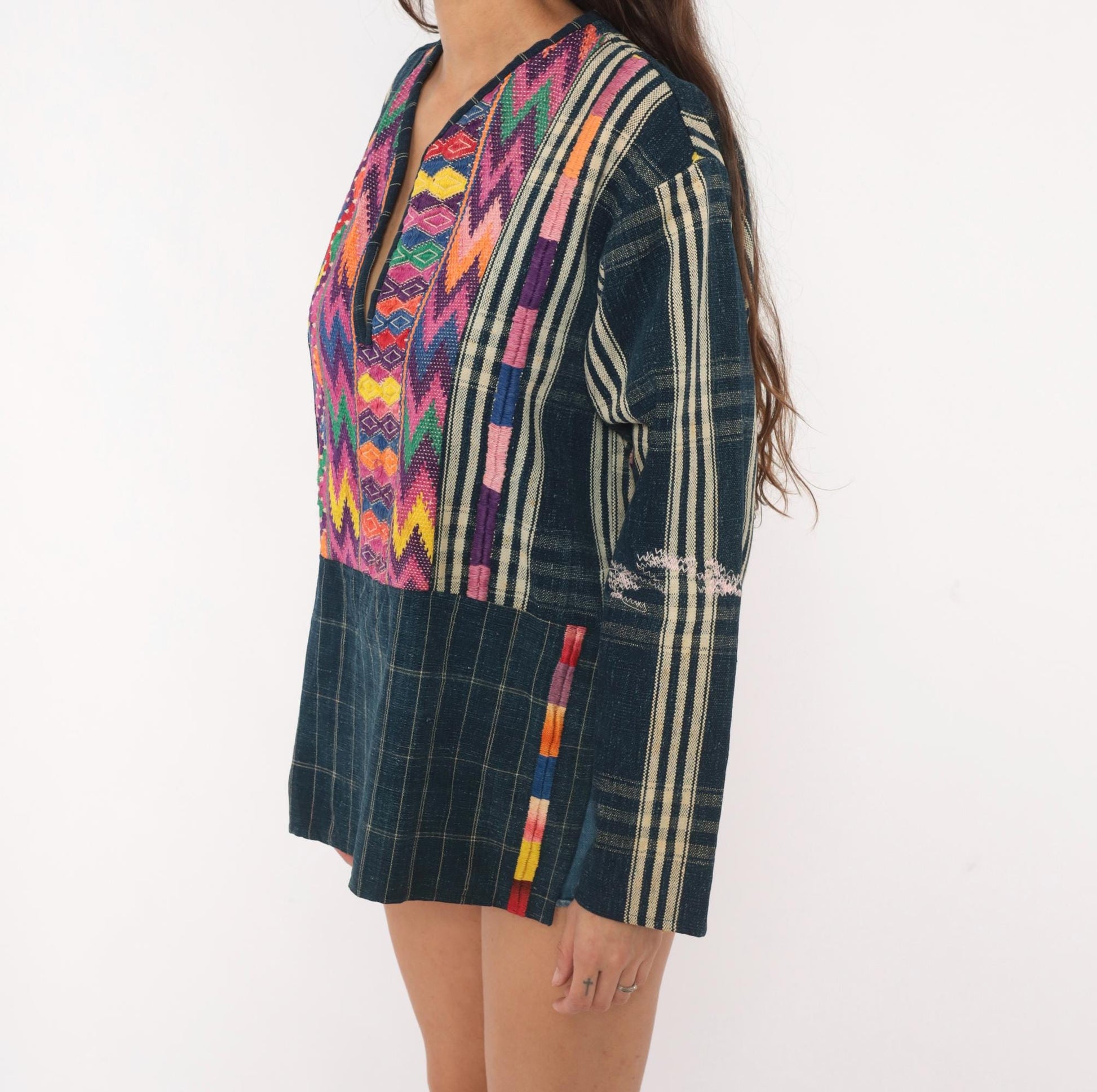 90s Guatemalan Huipil Handwoven Cotton Tunic Indigo Embroidered Medium M