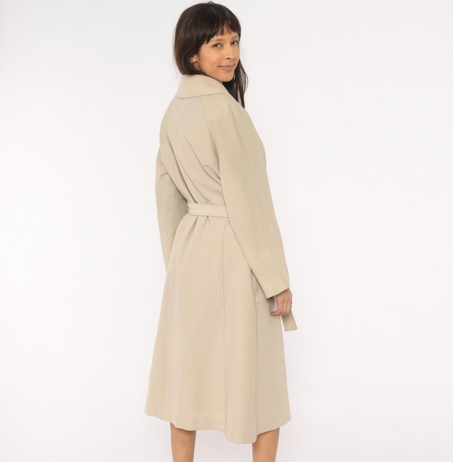 80s Double Breasted Trench Coat Beige Mid-Calf Belted Jacket Medium