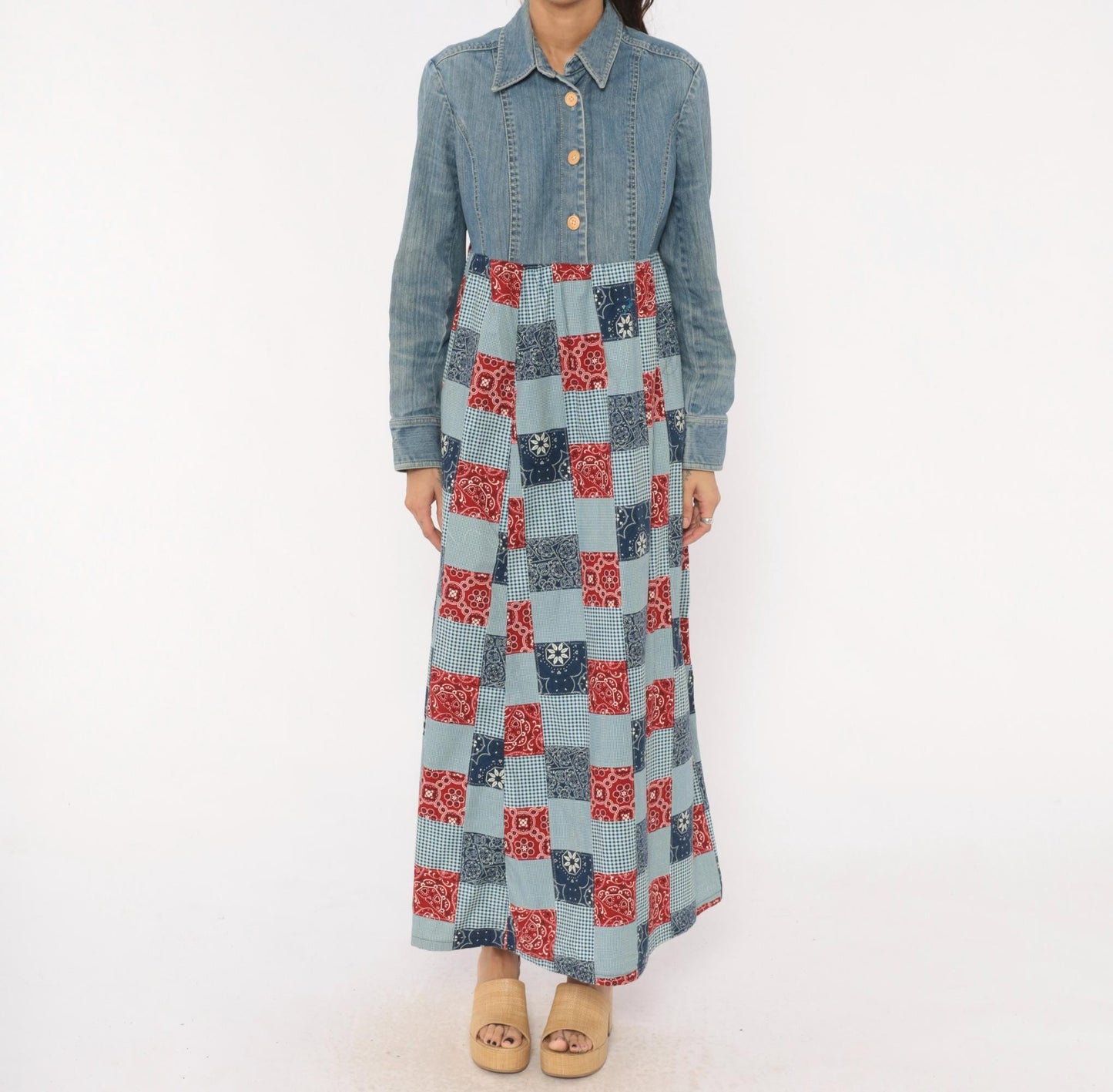 00s Valerie Stevens Patchwork Denim Maxi Dress Bandana Gingham Red Navy Medium