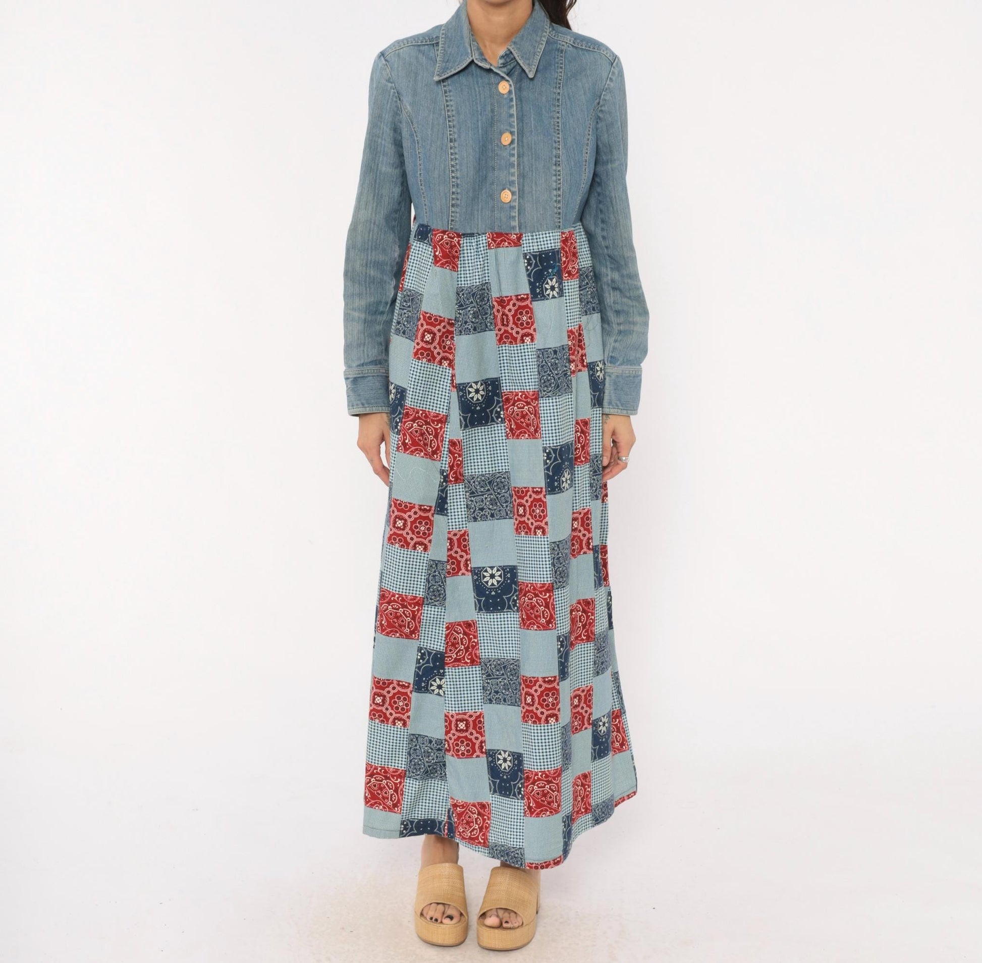 00s Valerie Stevens Patchwork Denim Maxi Dress Bandana Gingham Red Navy Medium