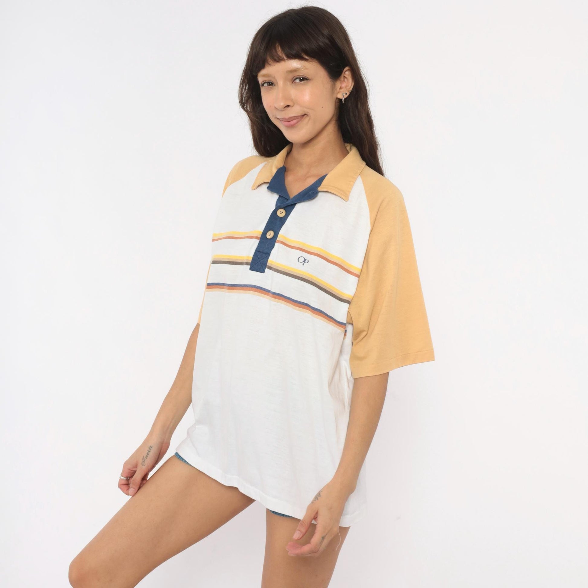 80s Ocean Pacific Polo Striped Raglan White Navy Cotton Shirt Extra Large XL