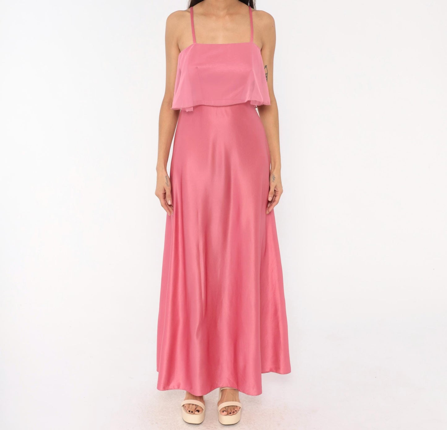 70s Pink Satin Maxi Dress Chiffon Overlay Spaghetti Strap Floor Length Small