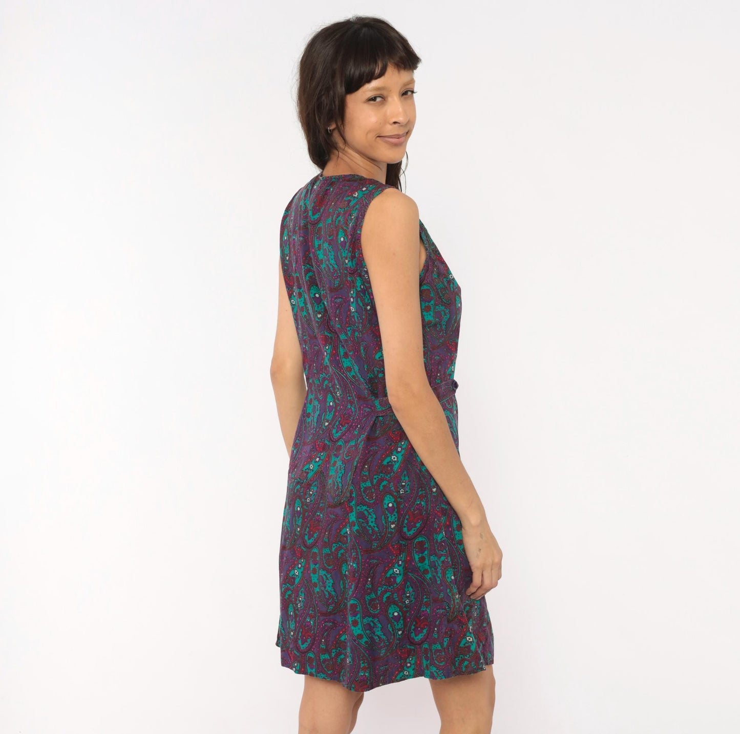 80s Tr Bentley Paisley Floral Dress Purple Teal Button Front Sleeveless Medium