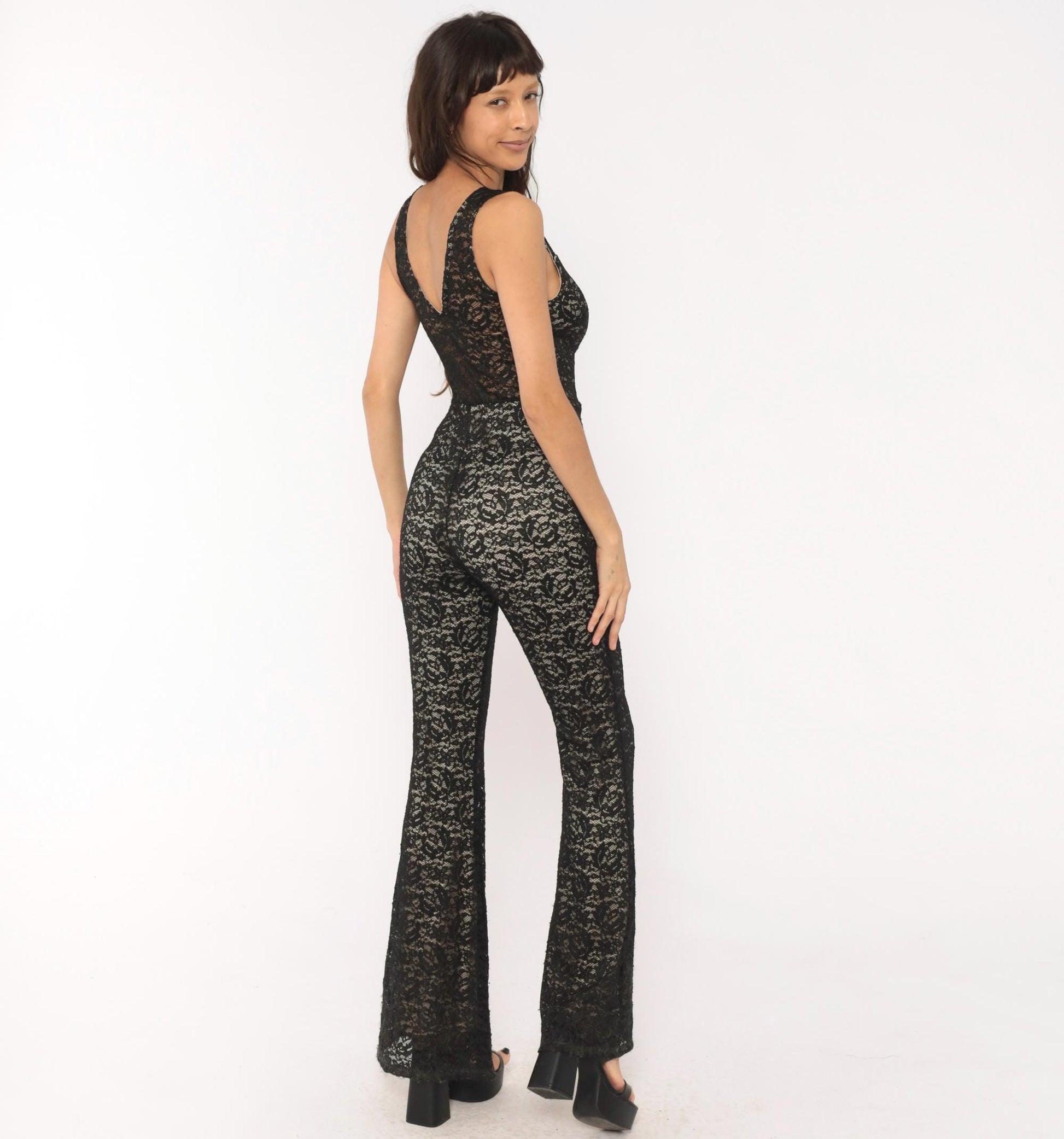 2000s Cameo Black Lace Jumpsuit Flare Leg Deep V Neck Medium M