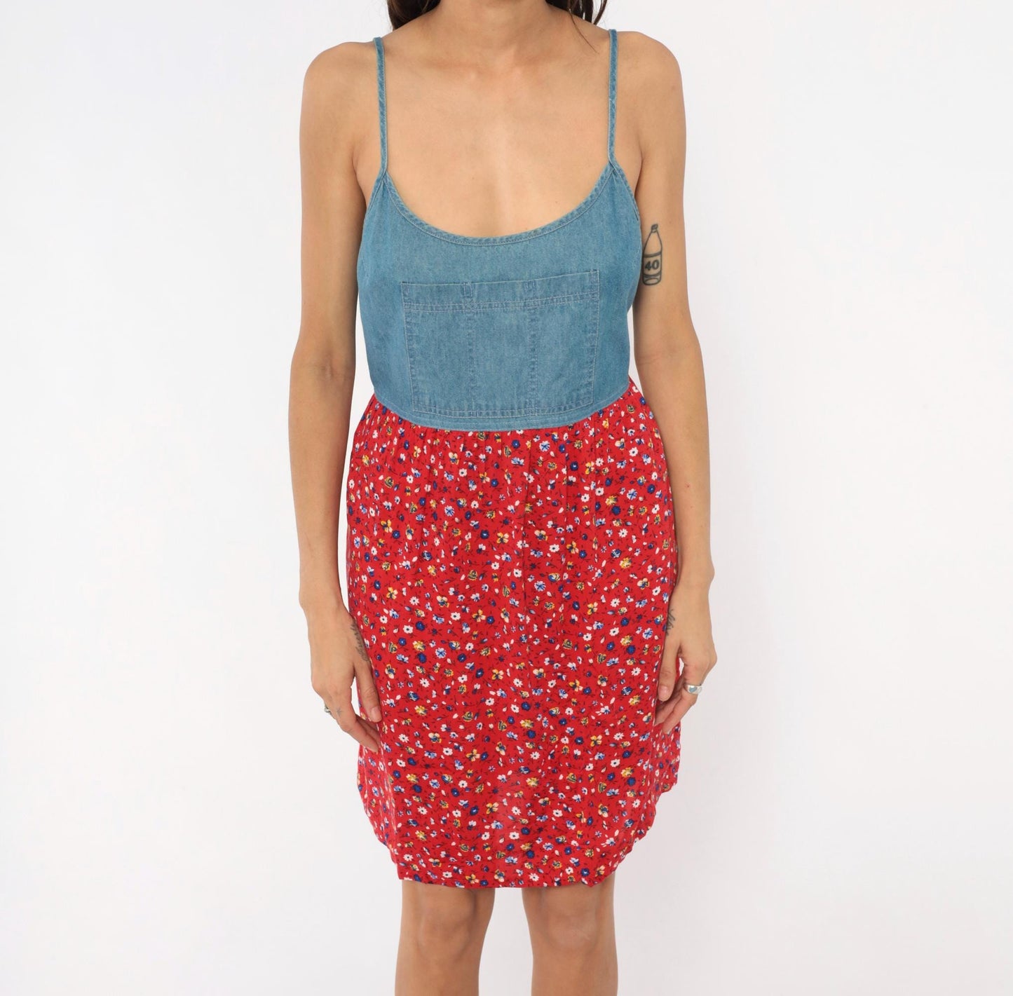 90s California Concepts Denim Floral Sundress Red Calico Mini Medium