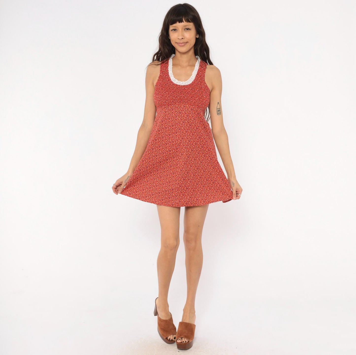 70s Red Ditsy Floral Mini Dress Cotton Eyelet Lace Smocked Small