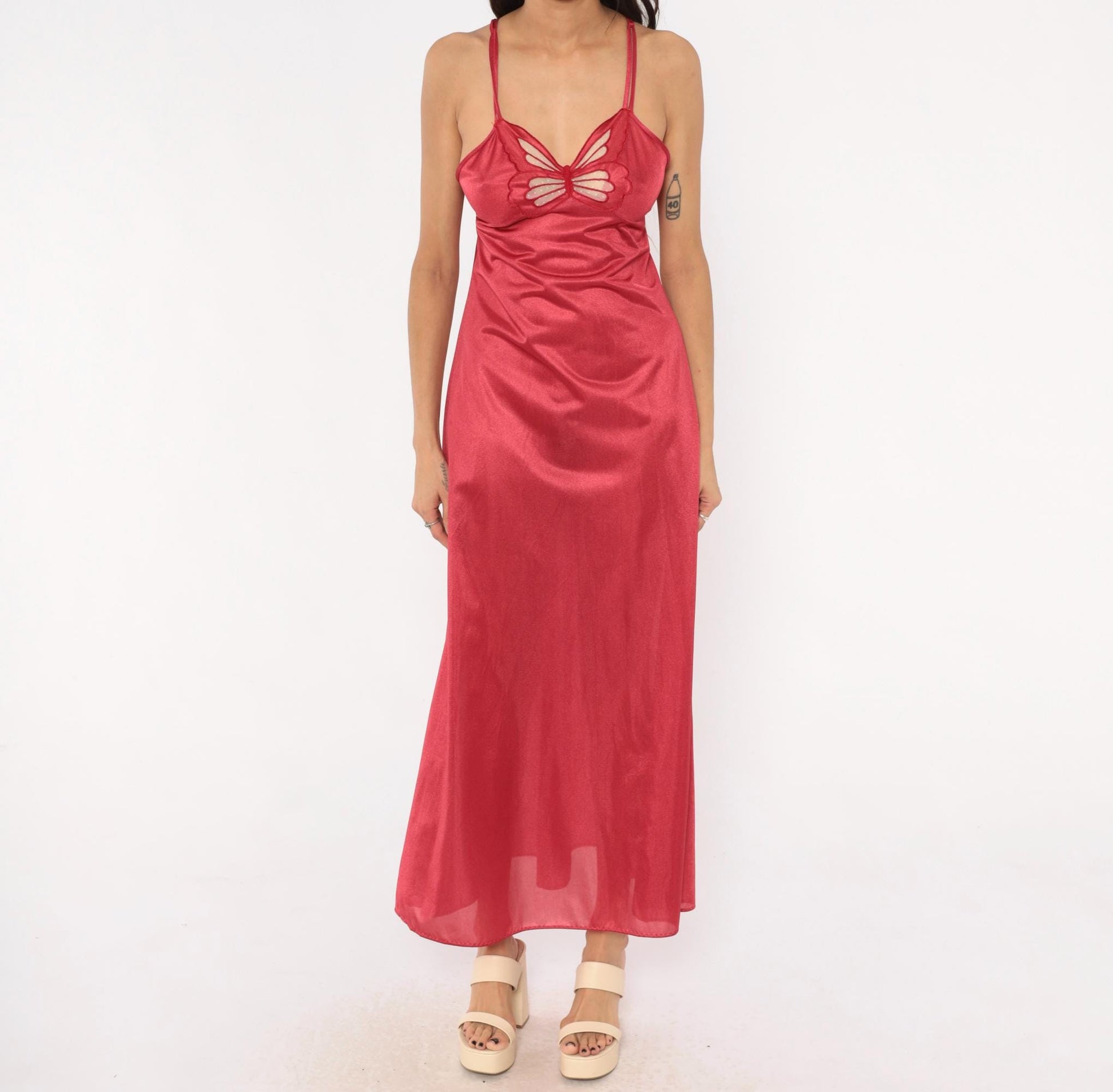 70s Berry Red Butterfly Cutout Nylon Nightgown Maxi Spaghetti Strap Small
