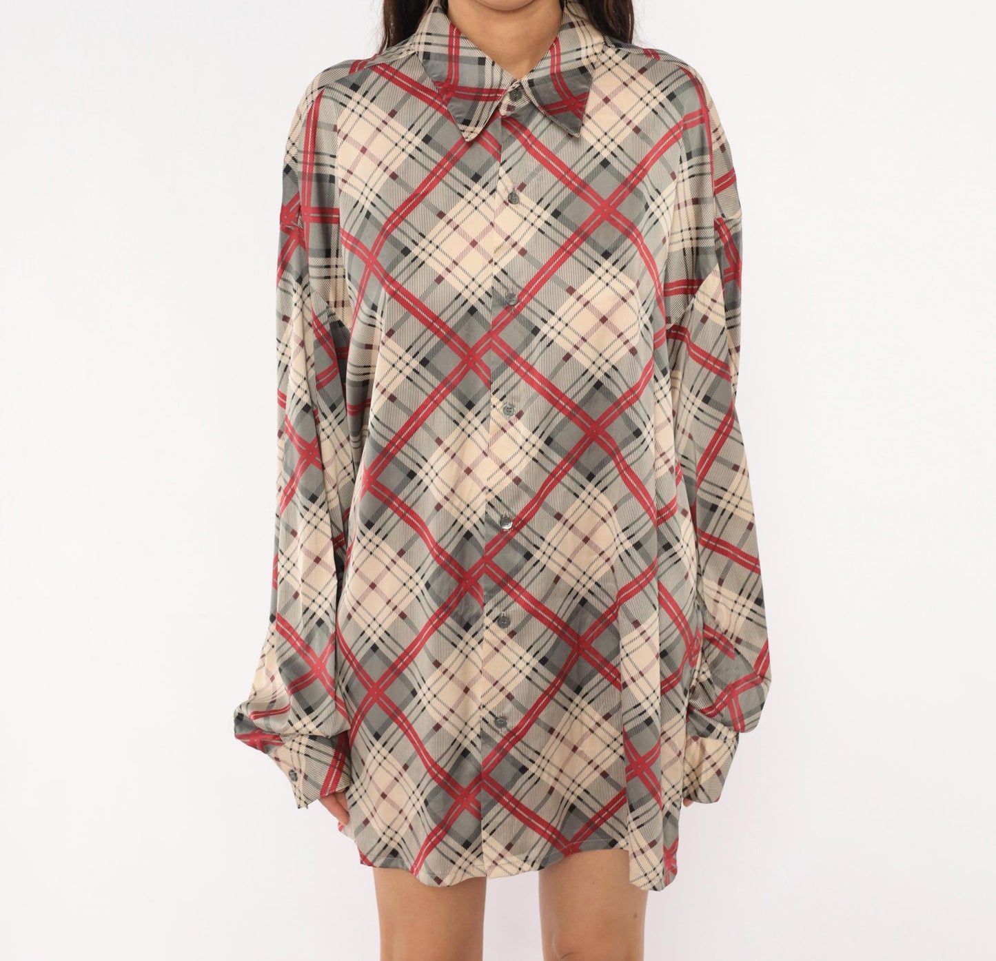 70s Monzini Plaid Button-Front Shirt Burgundy Pointed Collar Extra Large XL