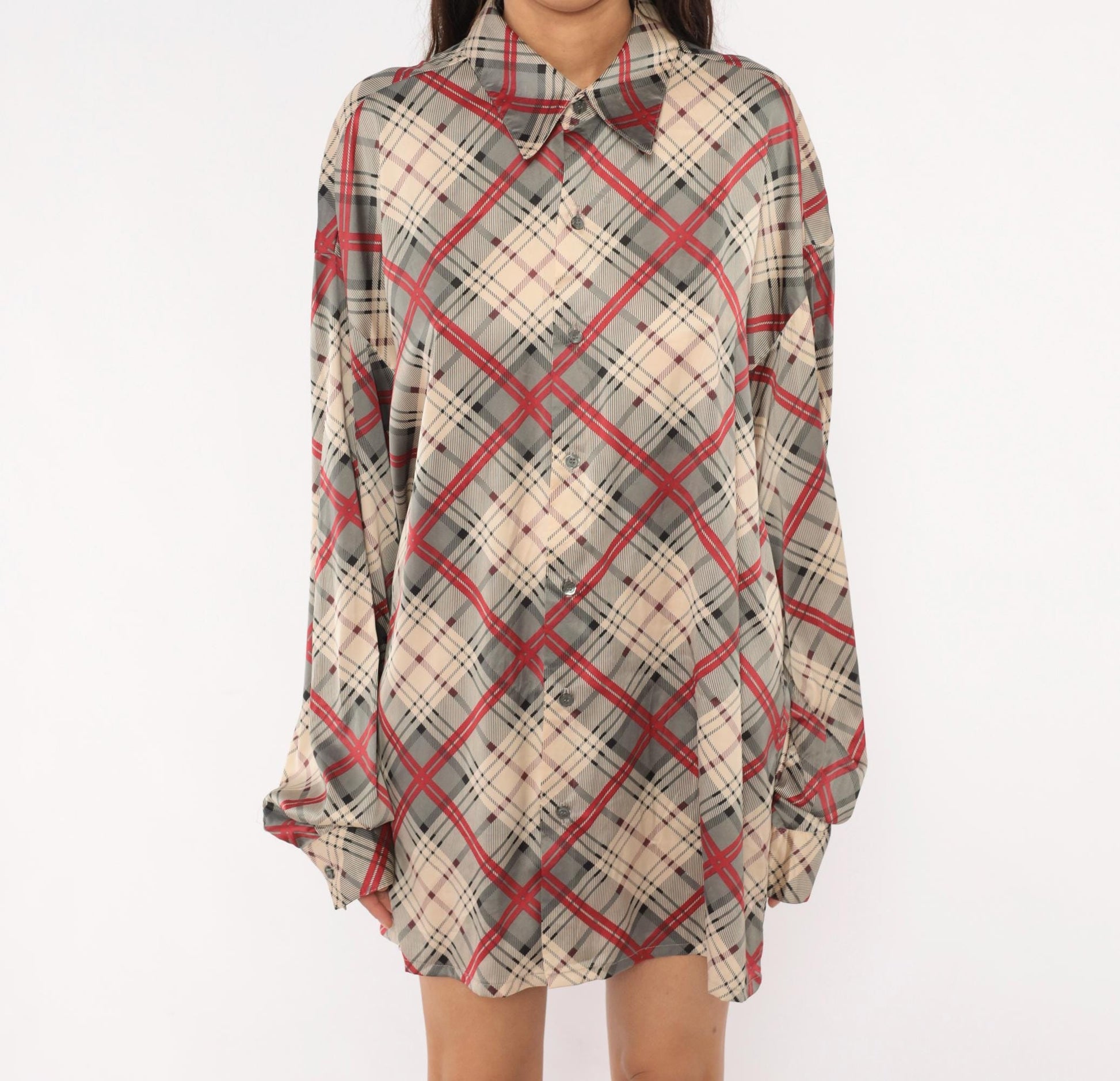 70s Monzini Plaid Button-Front Shirt Burgundy Pointed Collar Extra Large XL