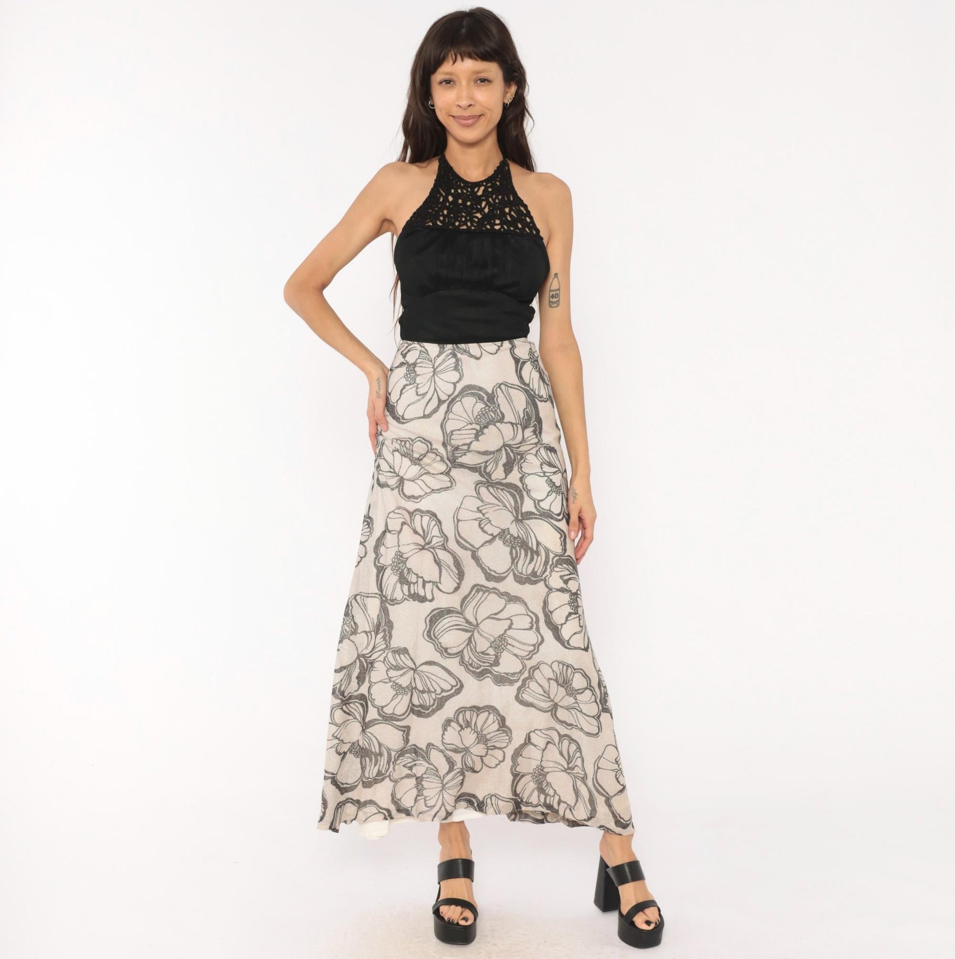 70s Mikey Jrs Crochet Halter Maxi Dress Black Grey Floral Metallic Open Back Extra Small XS