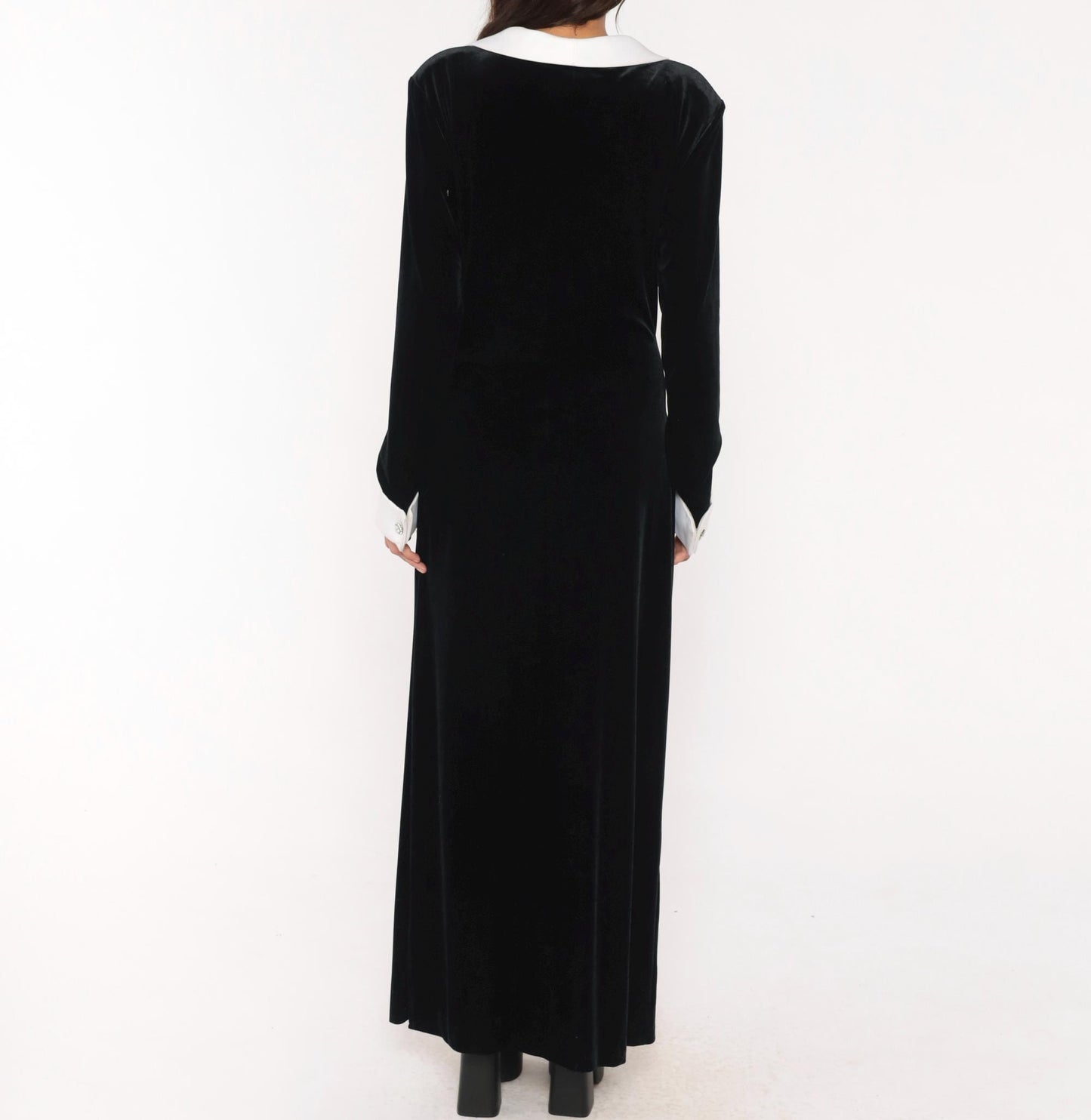 90s Cachet Black Velvet Maxi Gown White Collar Contrast Long Sleeve Extra Large XXL