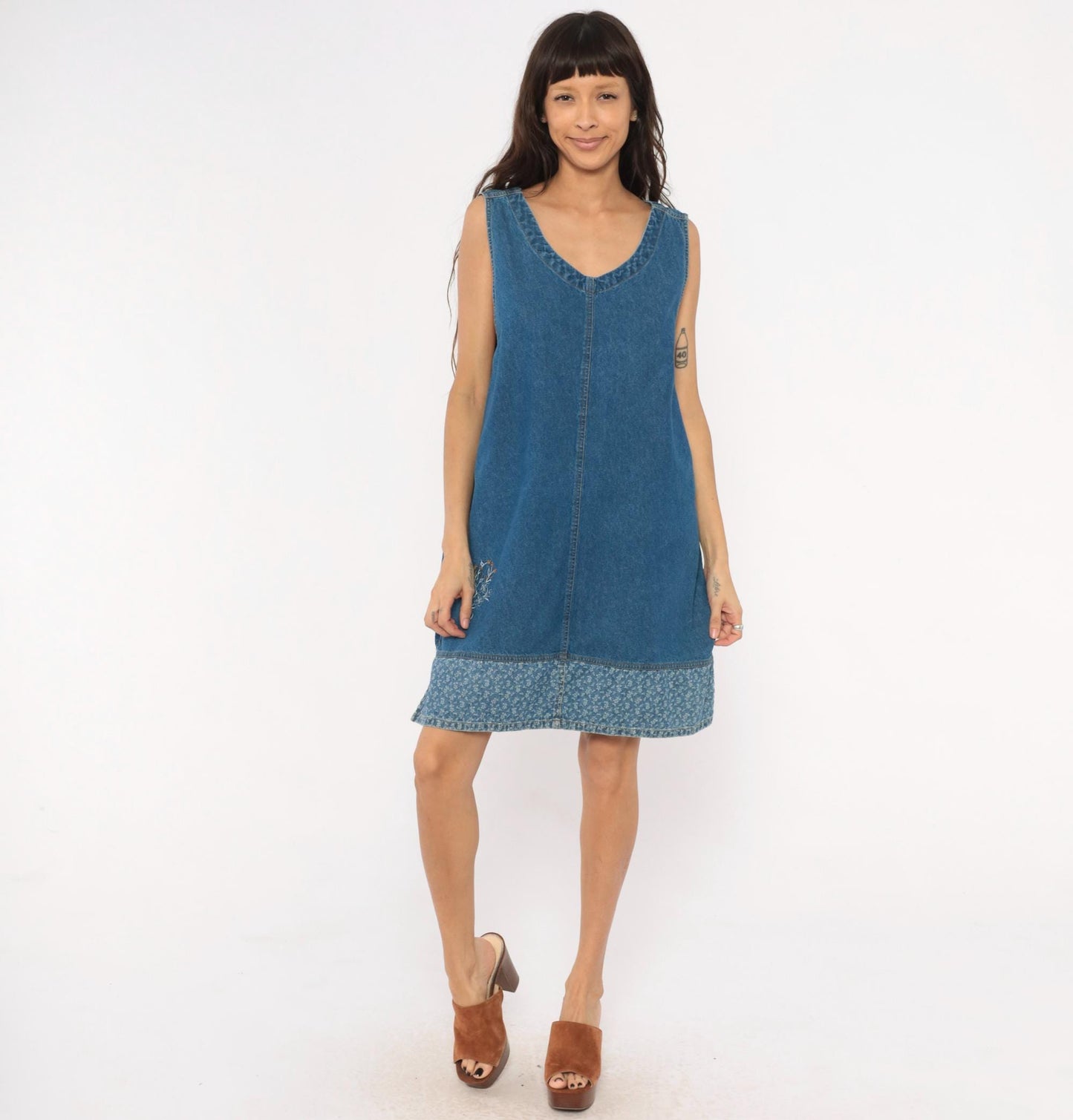 90s Erika & Co. Denim Shift Dress Embroidered Floral Cobalt Extra Large XXL