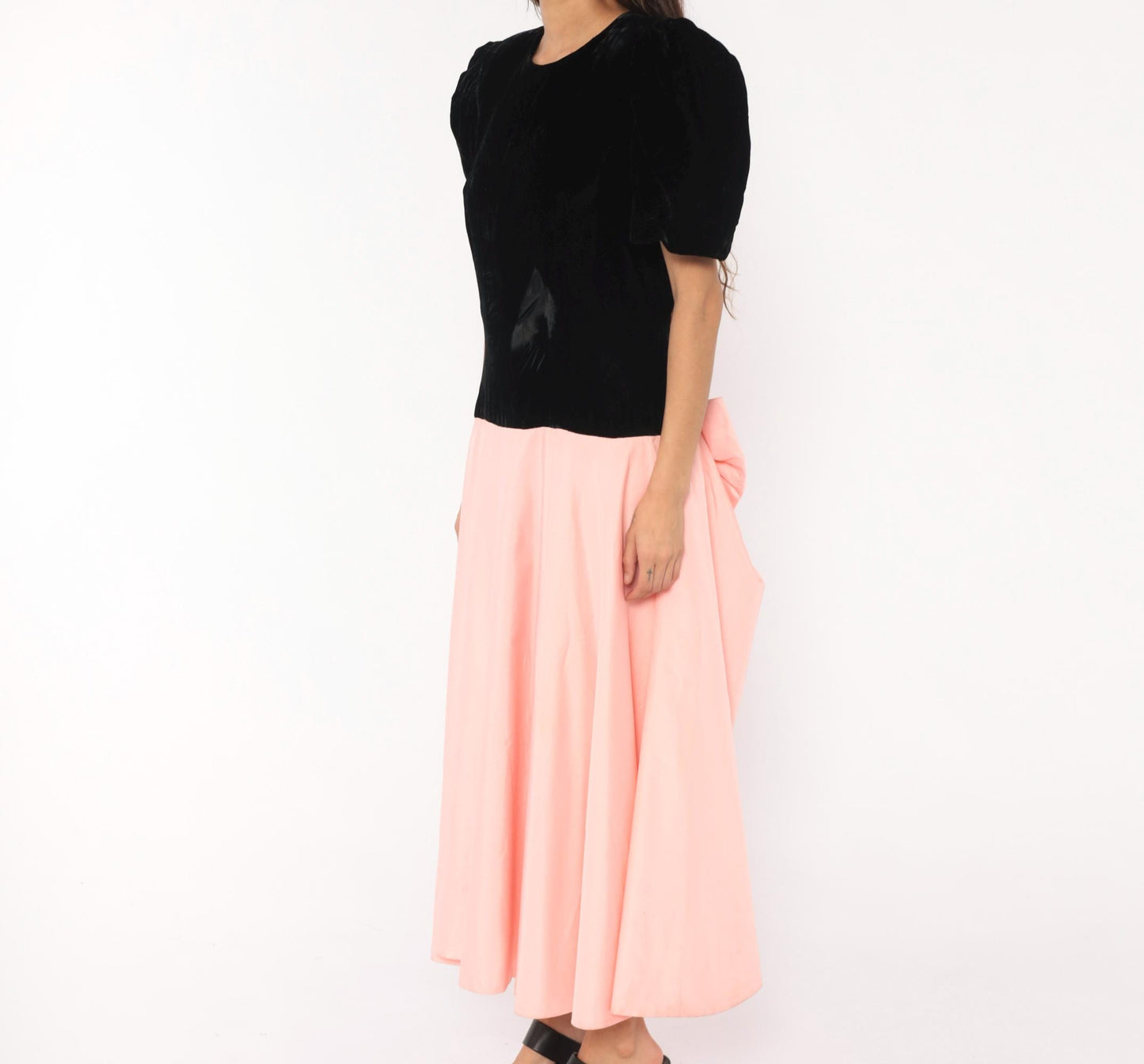 80s S.G. Gilbert Black Velvet Puff Sleeve Maxi Dress Pink Satin Bow Large