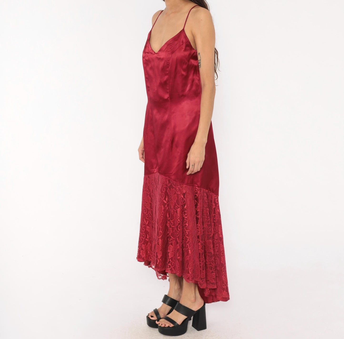 80s Burgundy Satin Slip Dress Mermaid Lace Hem V Neck Low Back Large L