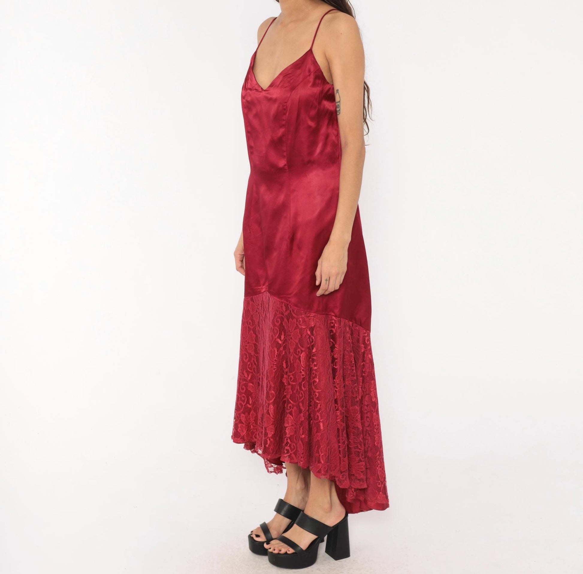 80s Burgundy Satin Slip Dress Mermaid Lace Hem V Neck Low Back Large L