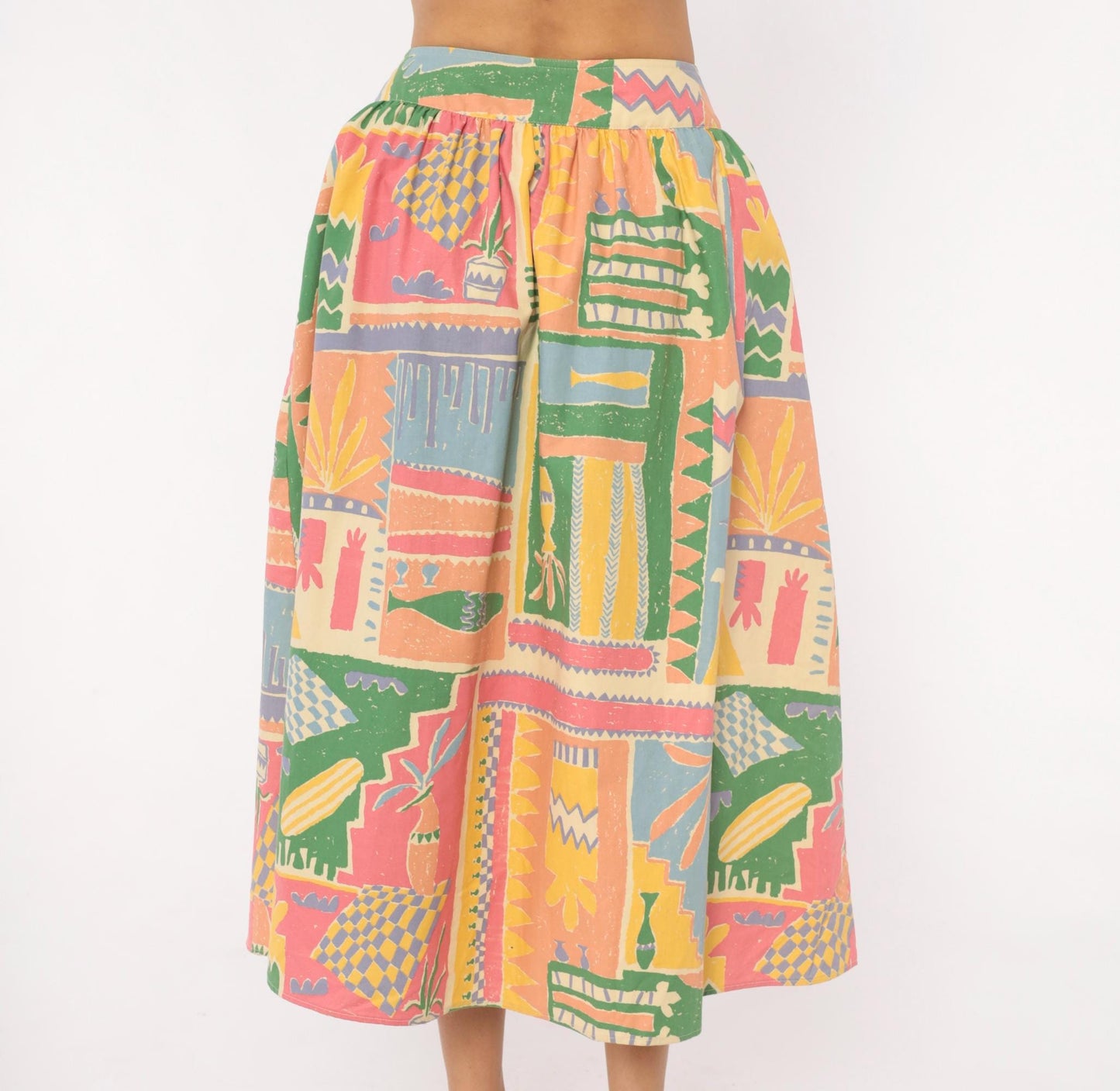 90s Laura Ashley Abstract Print Midi Skirt Cotton Button Front Multicolor Medium