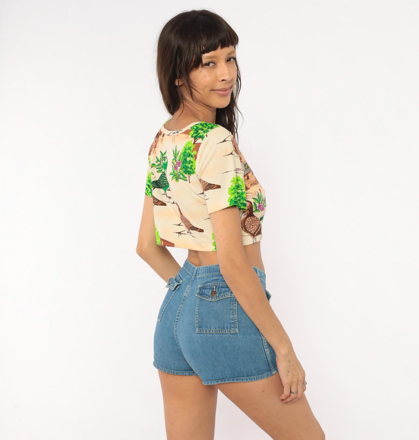 70s Pigeon Crop Top Novelty Bird Print Scoop Neck Fitted Small