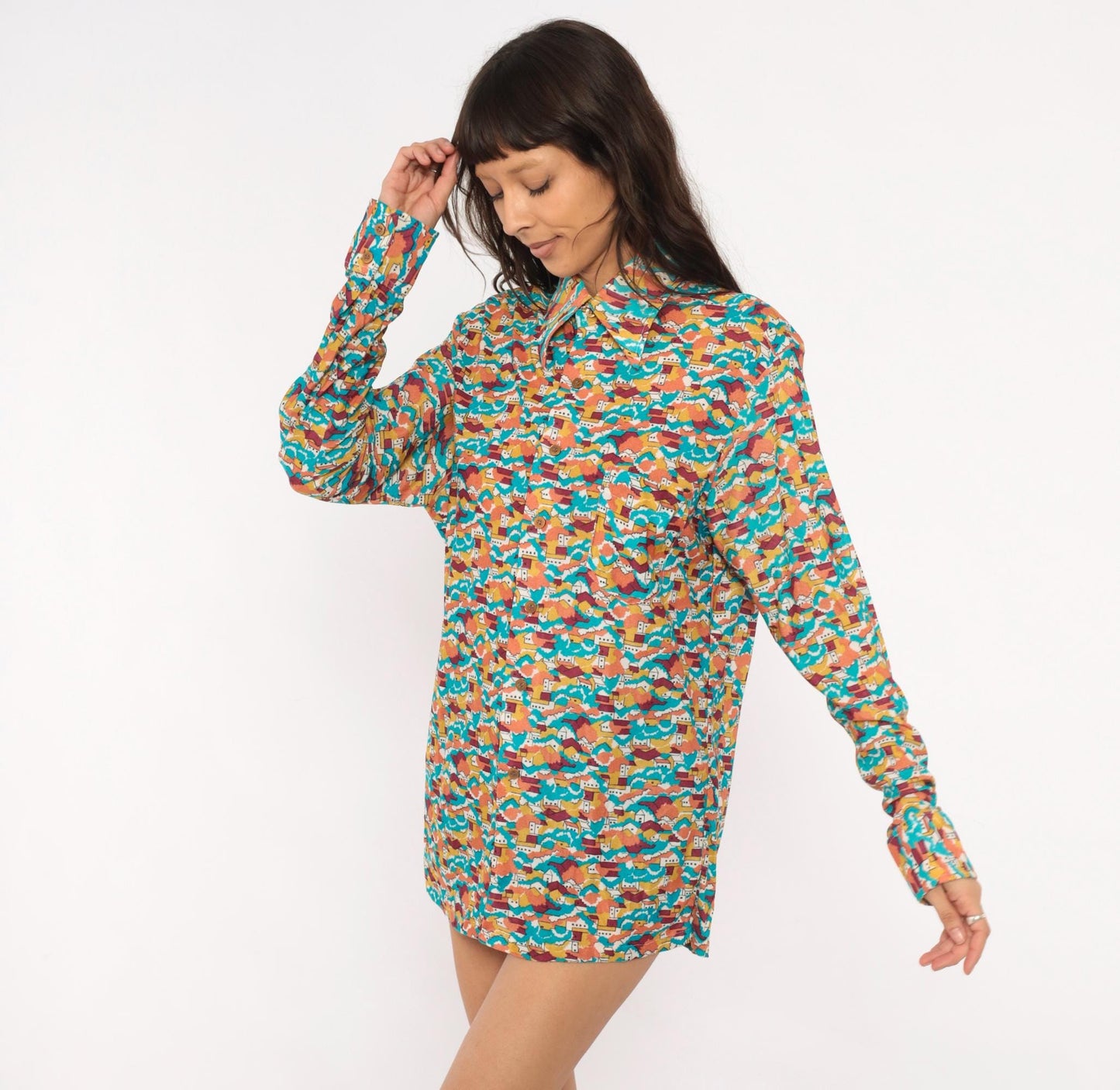 70s Towncraft Village Landscape Shirt Pointed Collar Scenic Print Medium