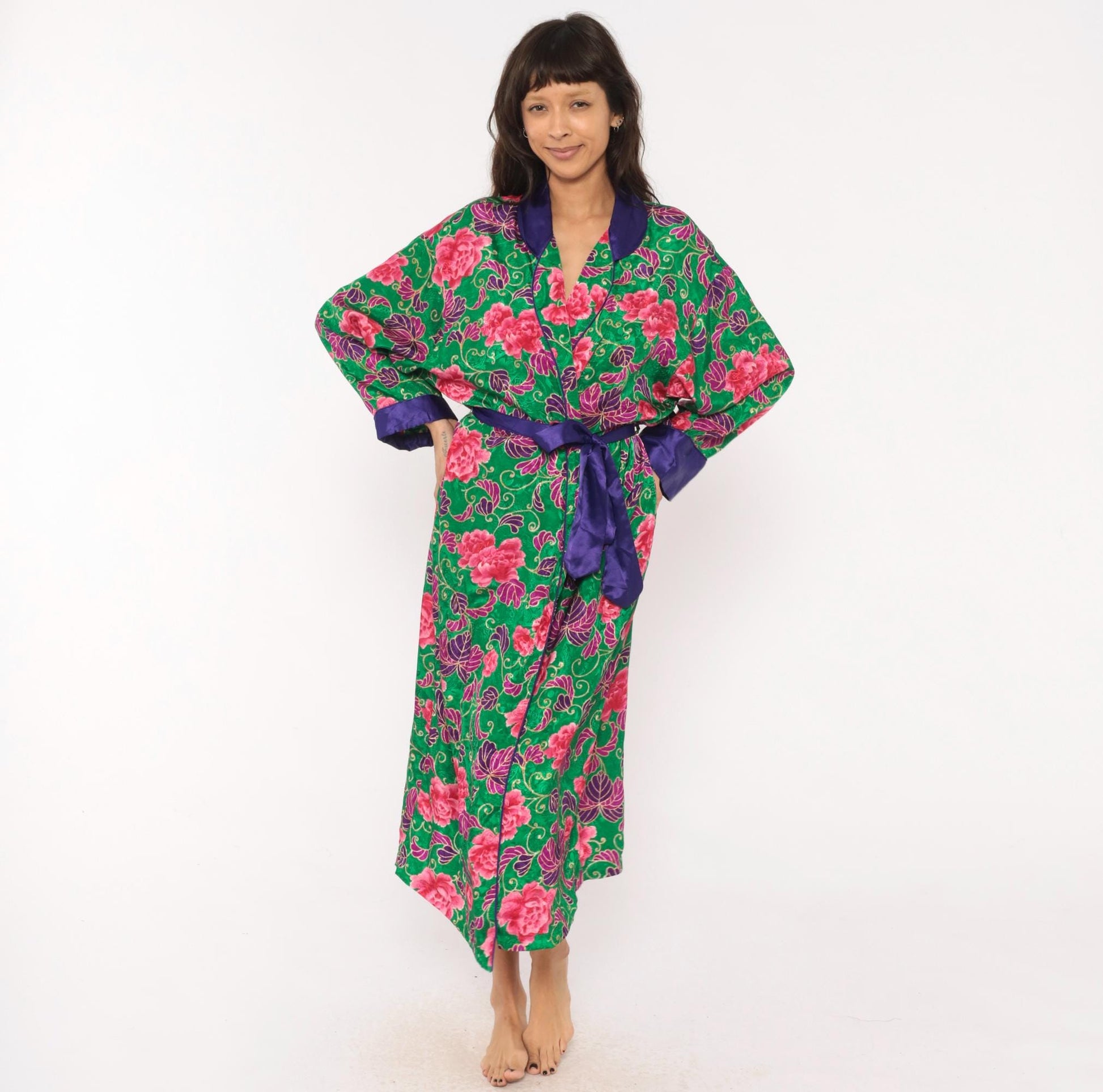 90s Victoria's Secret Green Floral Kimono Robe Satin Trim Medium Large