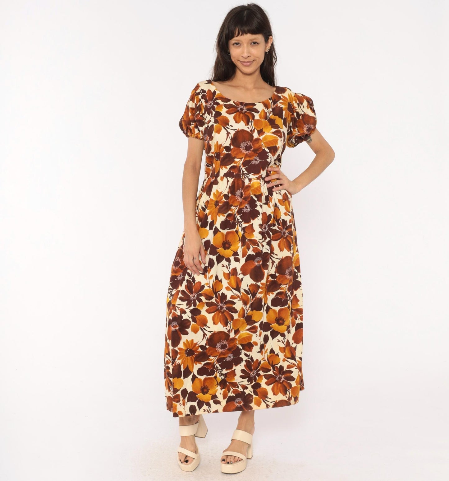 70s Floral Maxi Dress Brown Puff Sleeve Empire Waist Cotton Large L