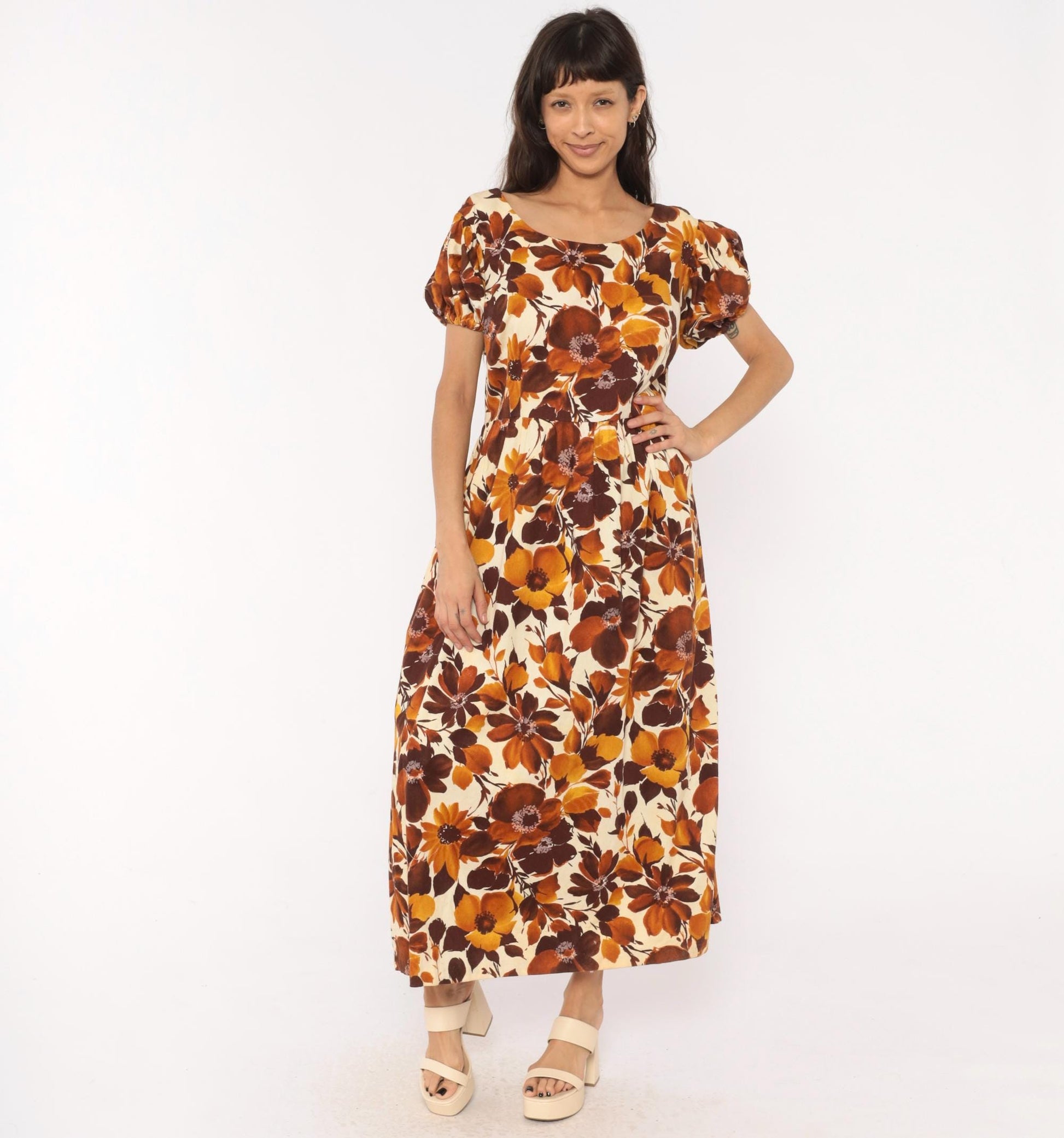 70s Floral Maxi Dress Brown Puff Sleeve Empire Waist Cotton Large L