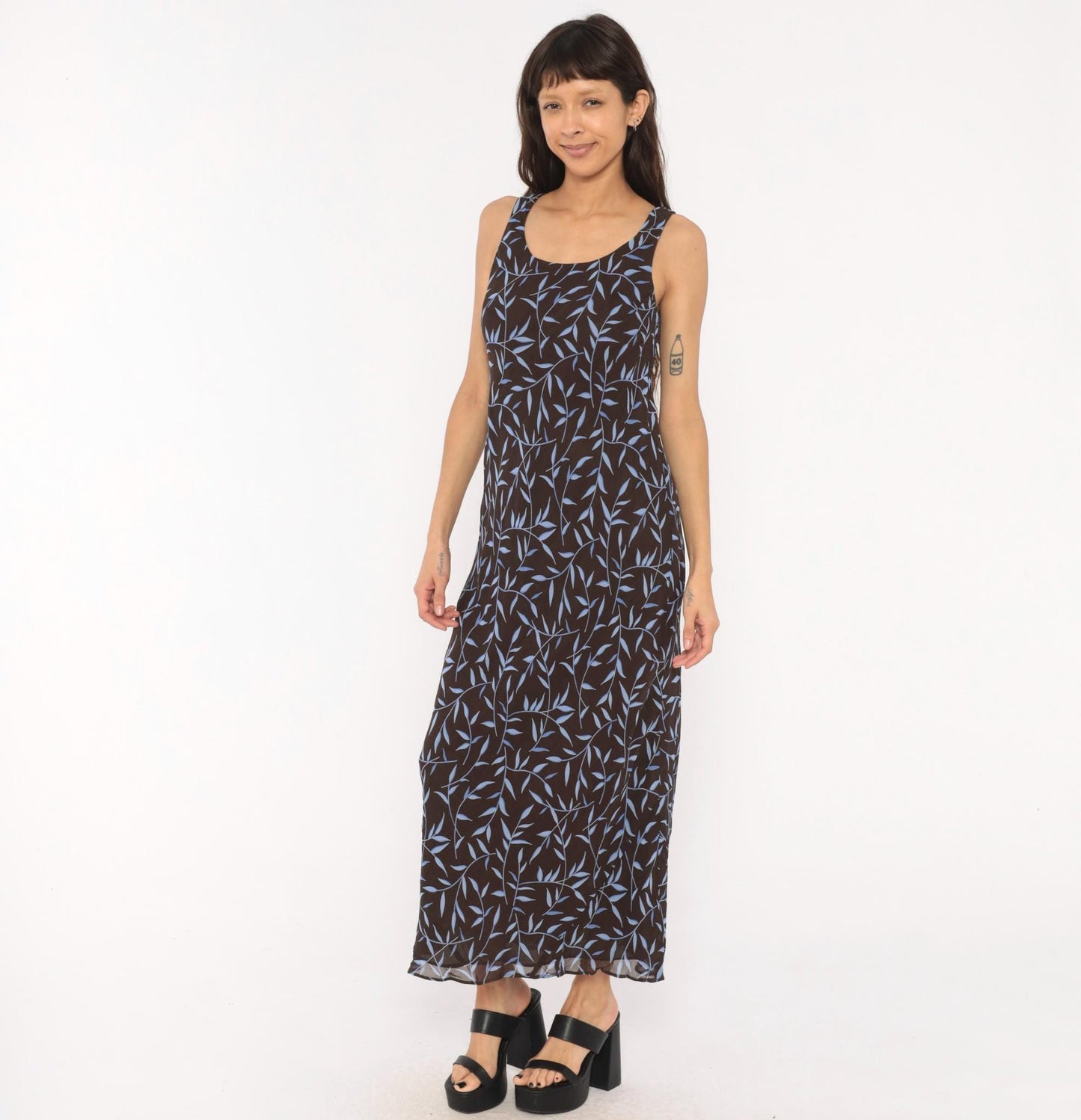 90s Carole Little Maxi Dress Brown Blue Leaf Print Scoop Neck Small S