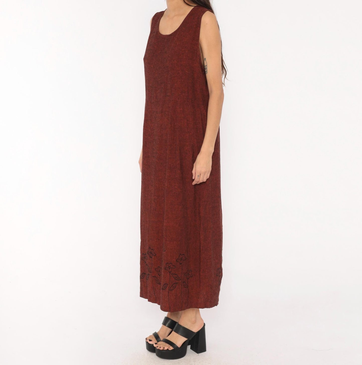90s Country Wear Casuals Burgundy Linen Maxi Dress Floral Embroidery Large Petite