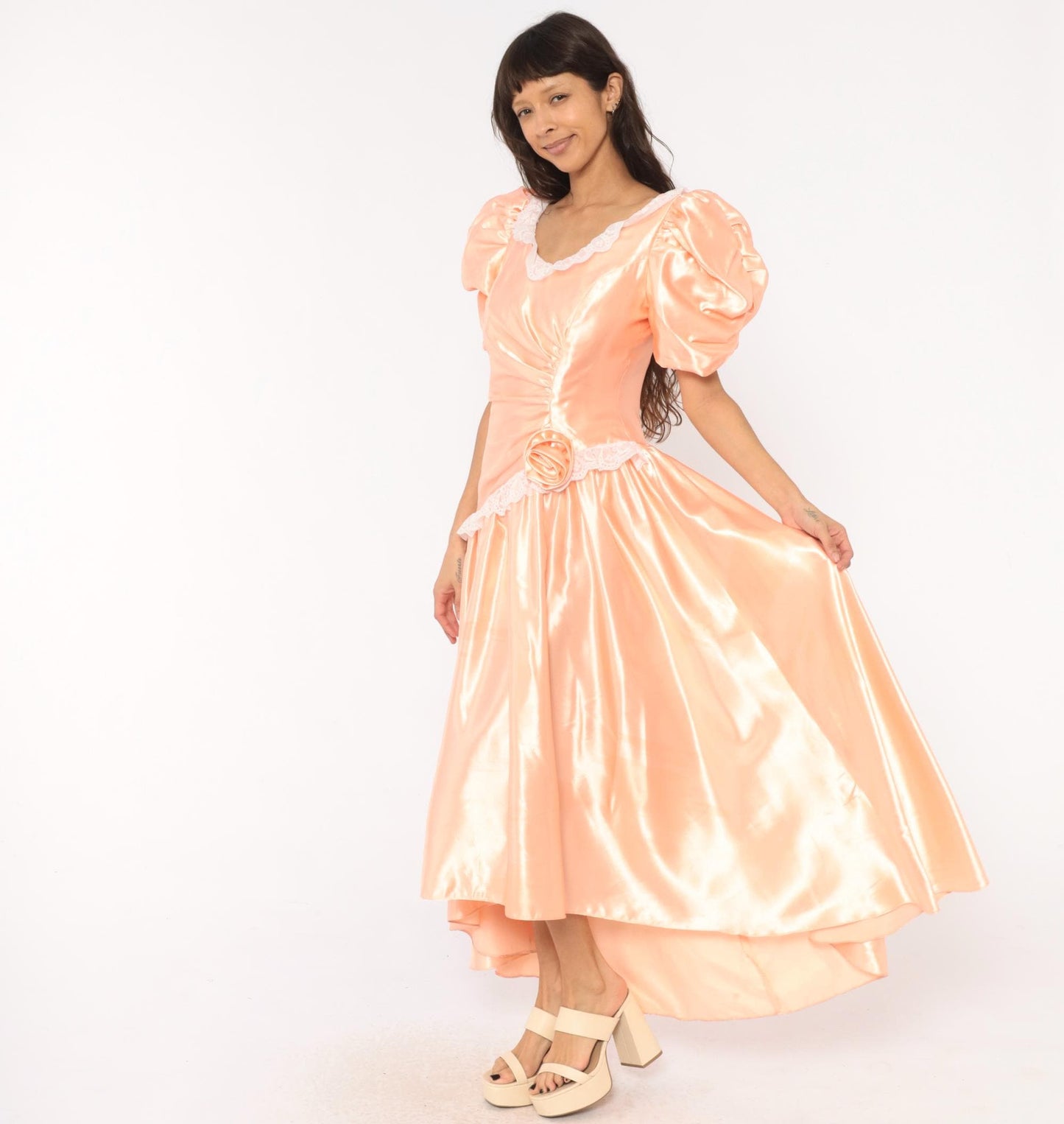 80s Peach Satin Prom Gown Puff Sleeve V Neck Drop Waist Rosette Medium