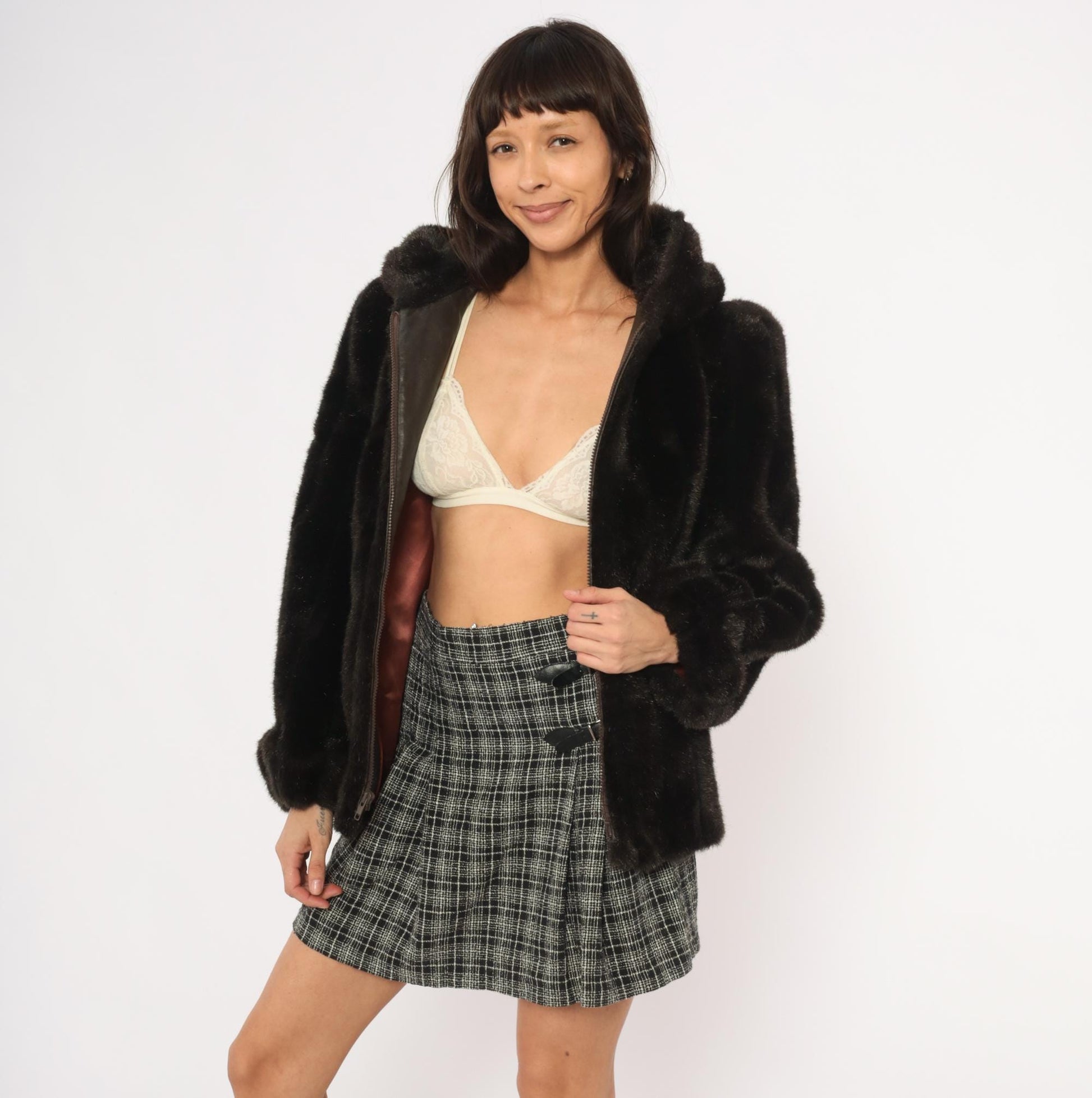 80s Outerlayers Faux Fur Hooded Jacket Dark Brown Zip Coat Medium