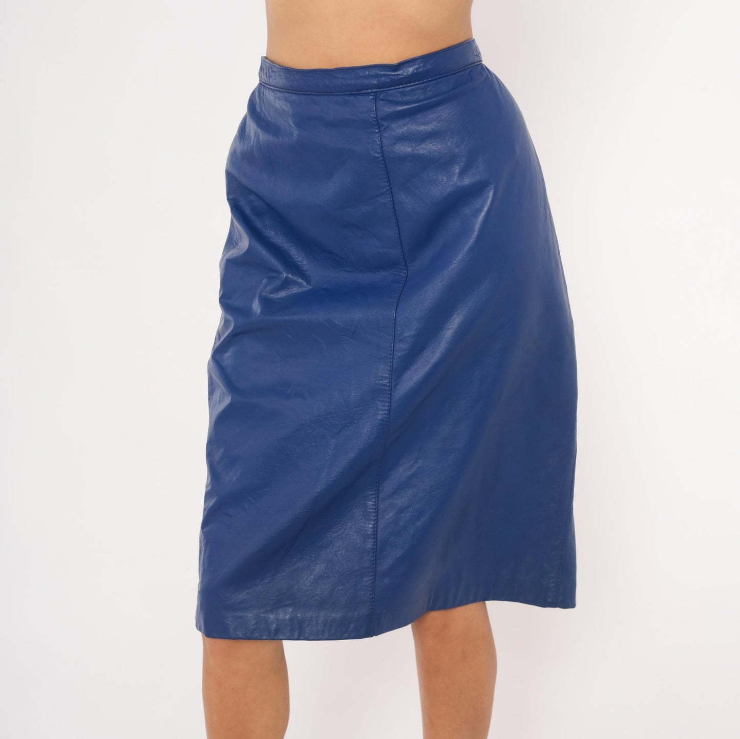 80s Bagatelle Cobalt Faux Leather Pencil Skirt High Waist Midi Side Zip Size 16