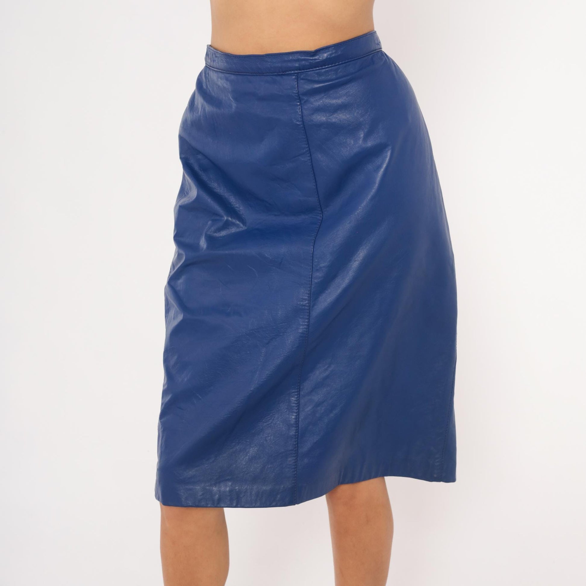 80s Bagatelle Cobalt Faux Leather Pencil Skirt High Waist Midi Side Zip Size 16