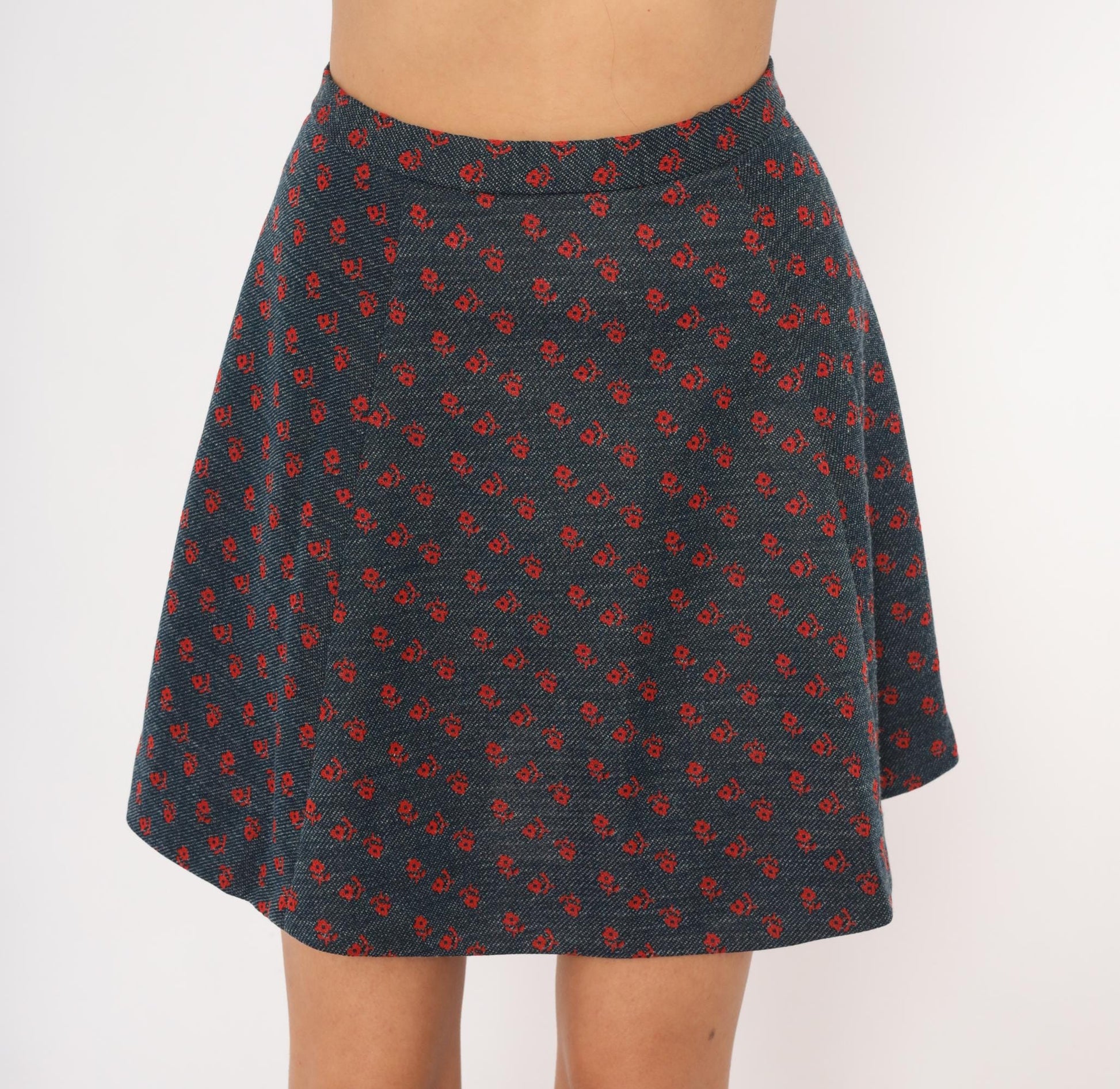 70s Navy Floral Mini Skirt High Waist Circle Flare Red Daisy Print XS