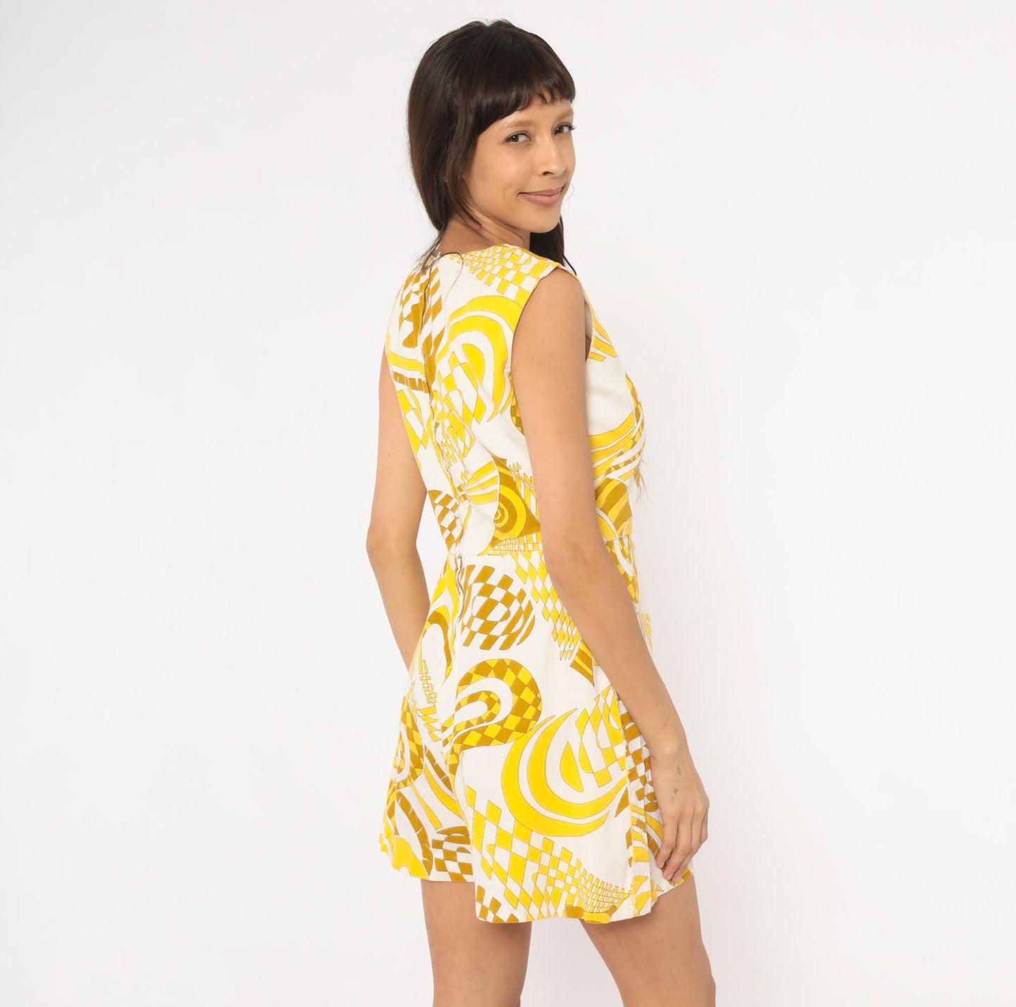 60s Psychedelic Yellow White Romper Sleeveless Cotton Playsuit Small S