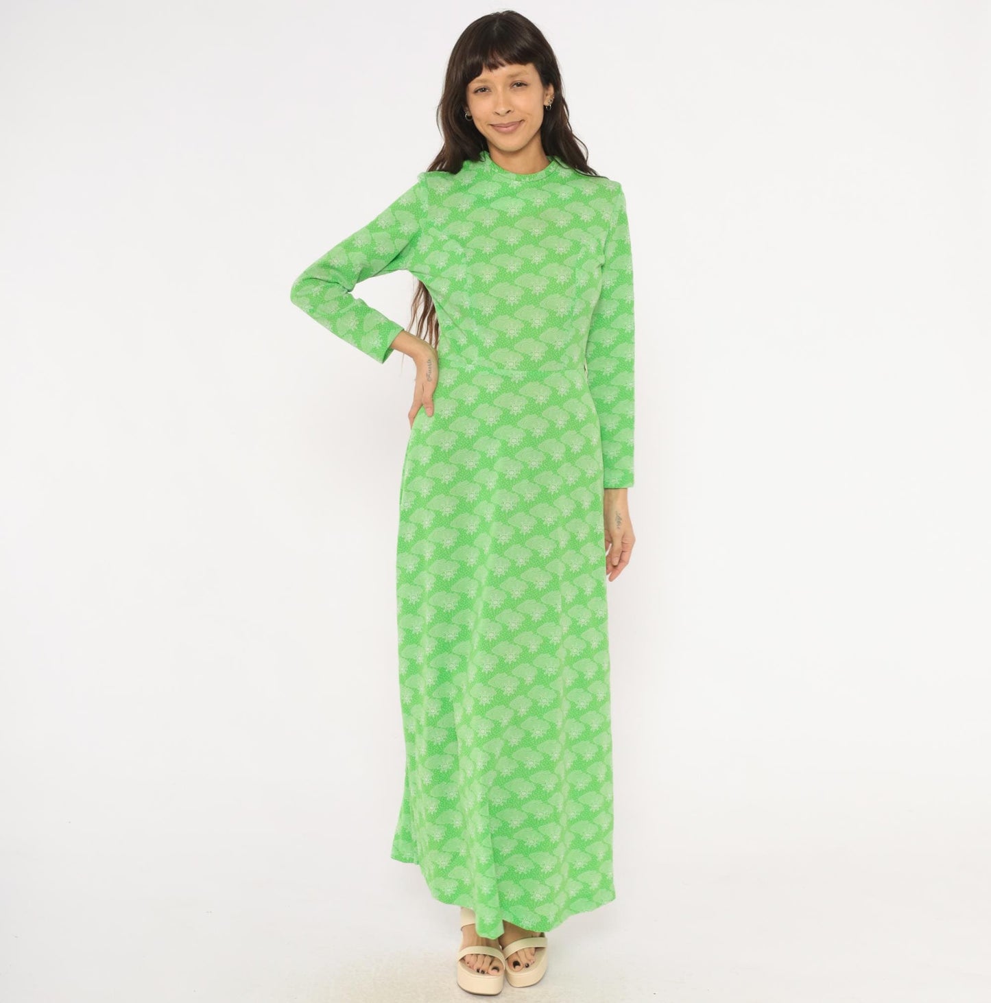 70s Green Maxi Dress Sun Cloud Print Long Sleeve Knit Small