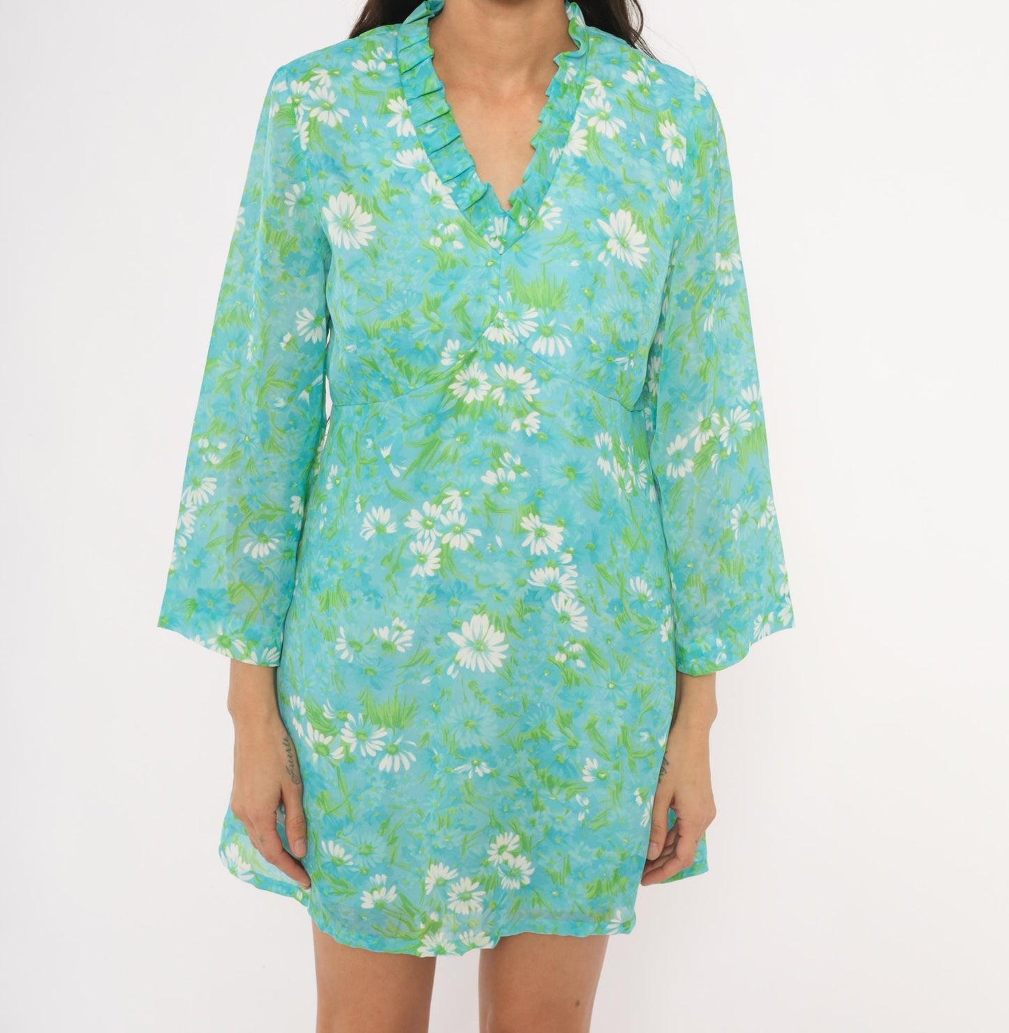 70s Daisy Floral Mini Dress Aqua Bell Sleeve A-Line Large L