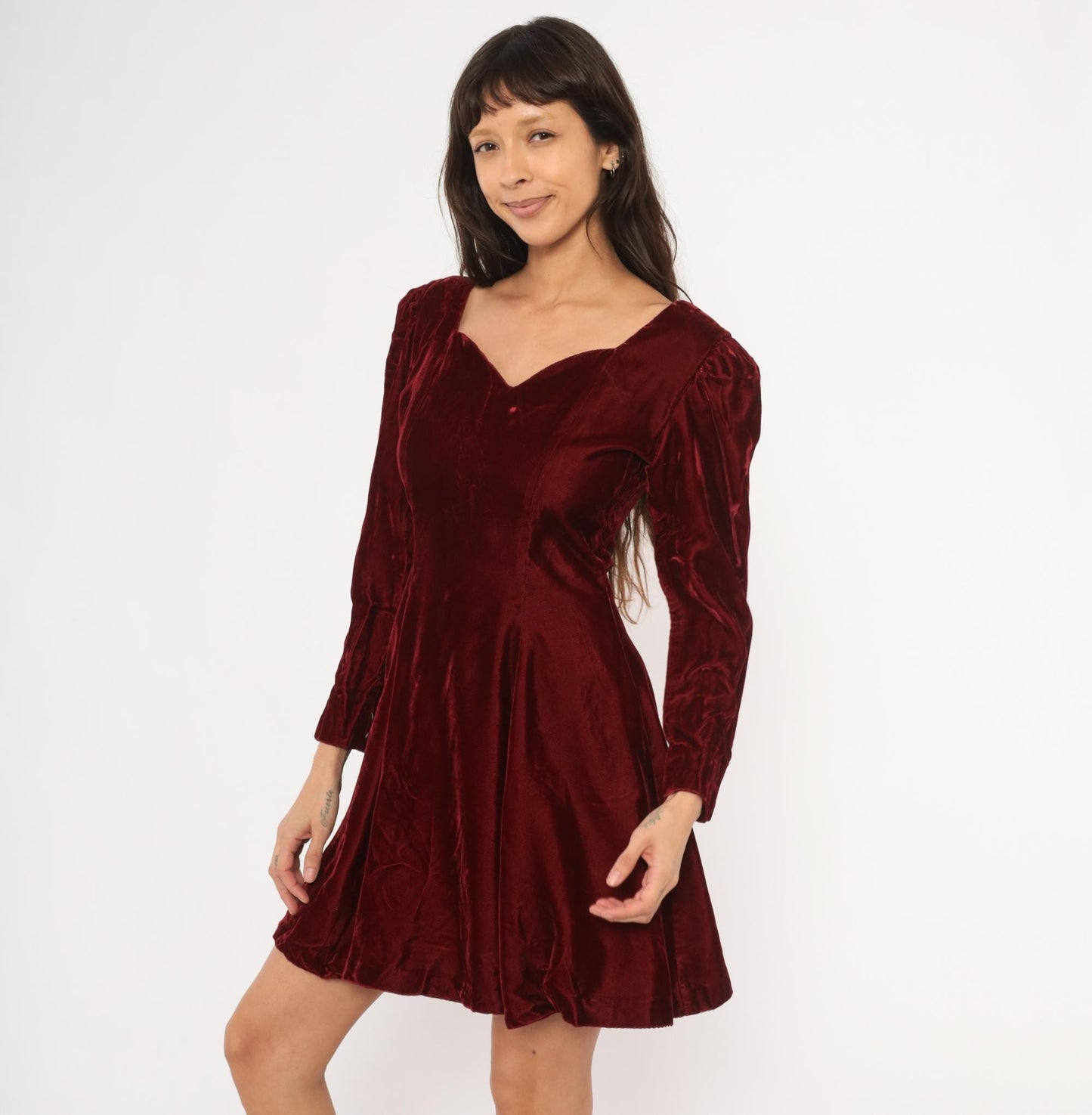 90s Perspective Burgundy Velvet Mini Dress Sweetheart Neckline Puff Sleeve Small S