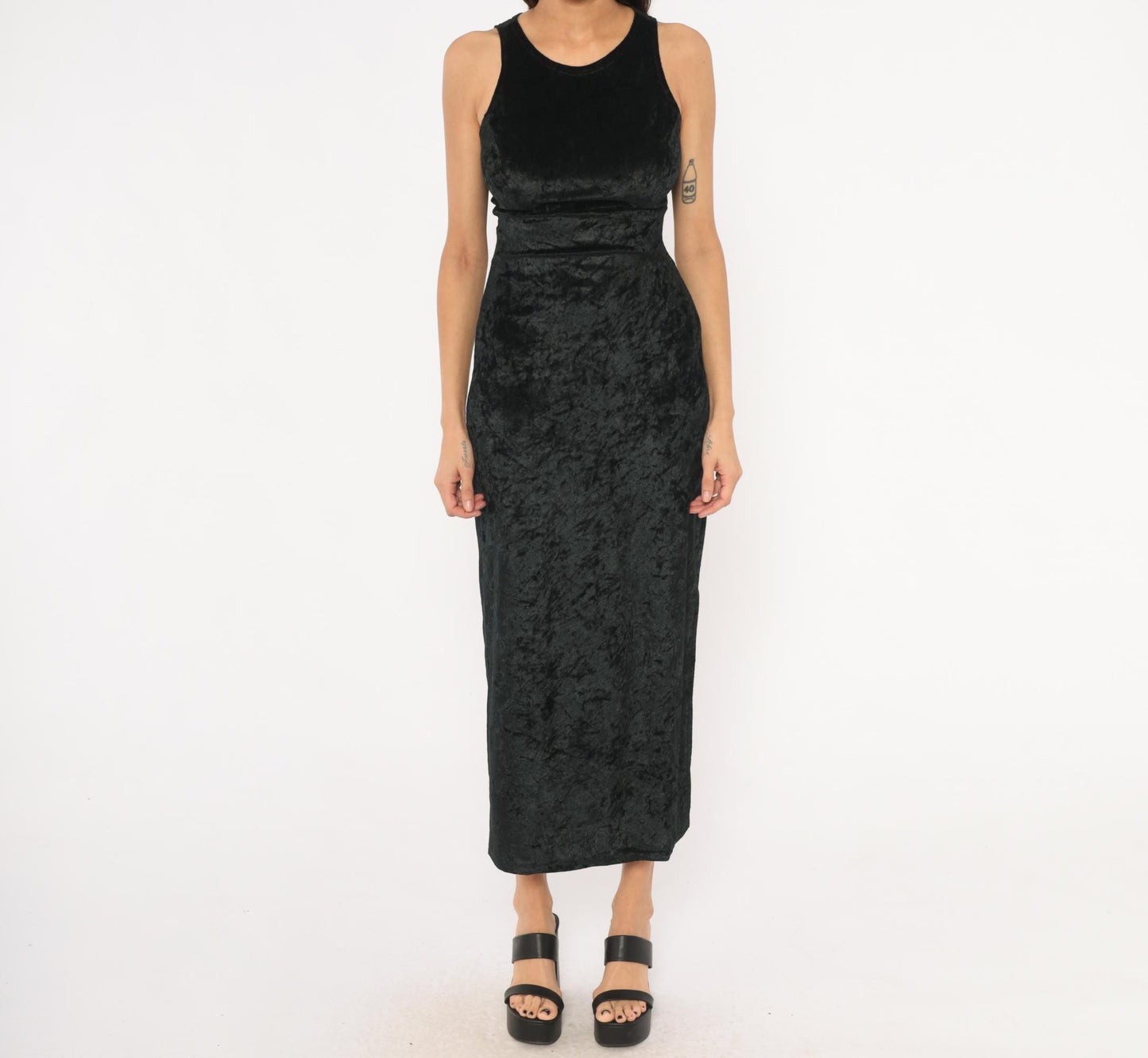 90s Hana Black Crushed Velvet Maxi Dress Sleeveless Scoop Neck Small S