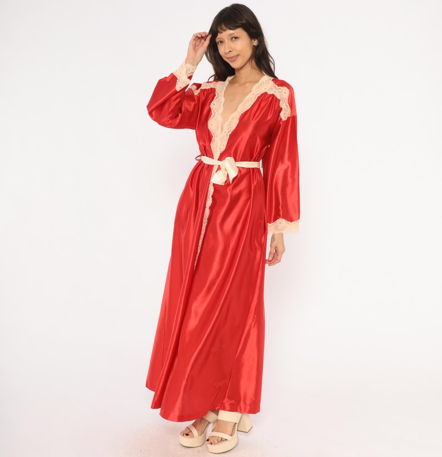 70s Tom Bezduda Barad Red Satin Robe Lace Trim Maxi Tie Front Medium