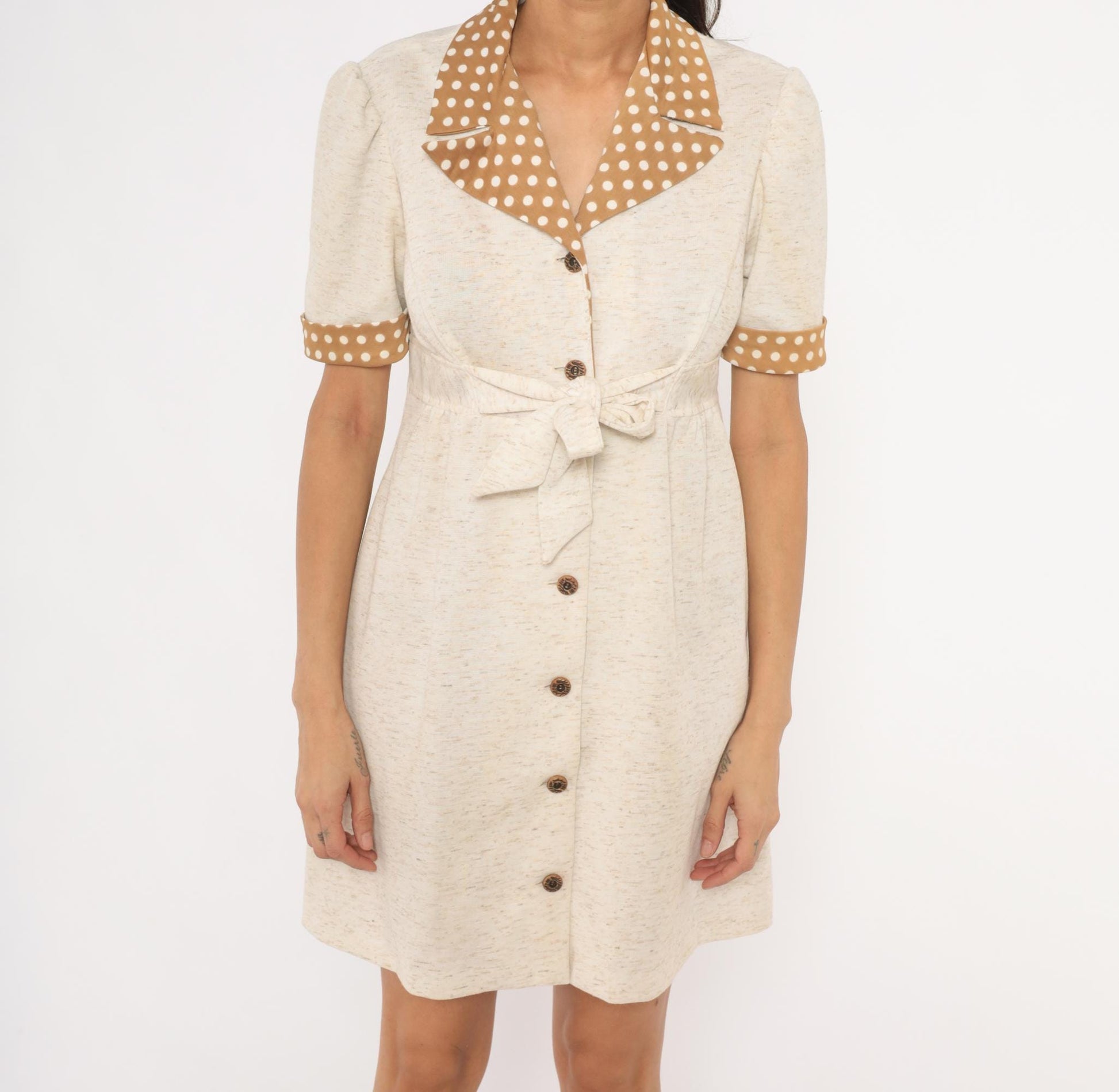 70s Cream Polka Dot Collar Shirtdress Puff Sleeve Tie Waist Knee-Length Medium M