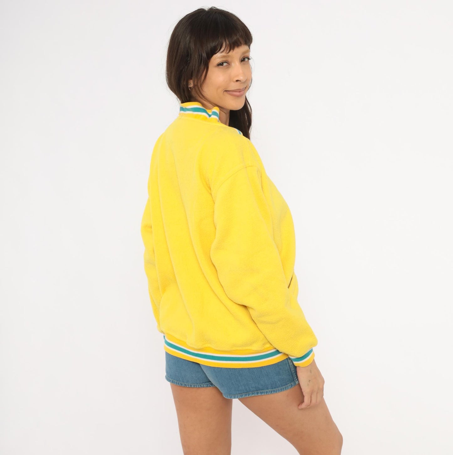 90s Energie Yellow Varsity Cardigan Baseball Patch Teal Striped Small S
