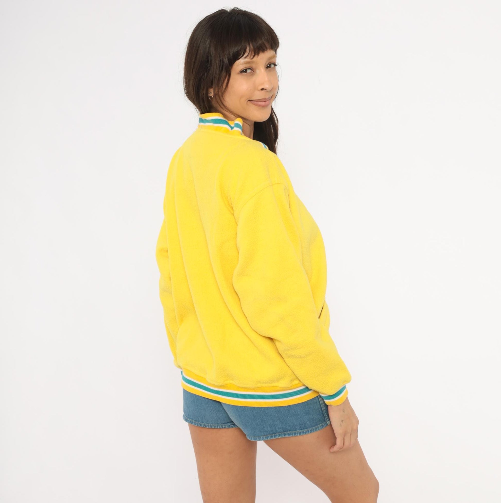 90s Energie Yellow Varsity Cardigan Baseball Patch Teal Striped Small S