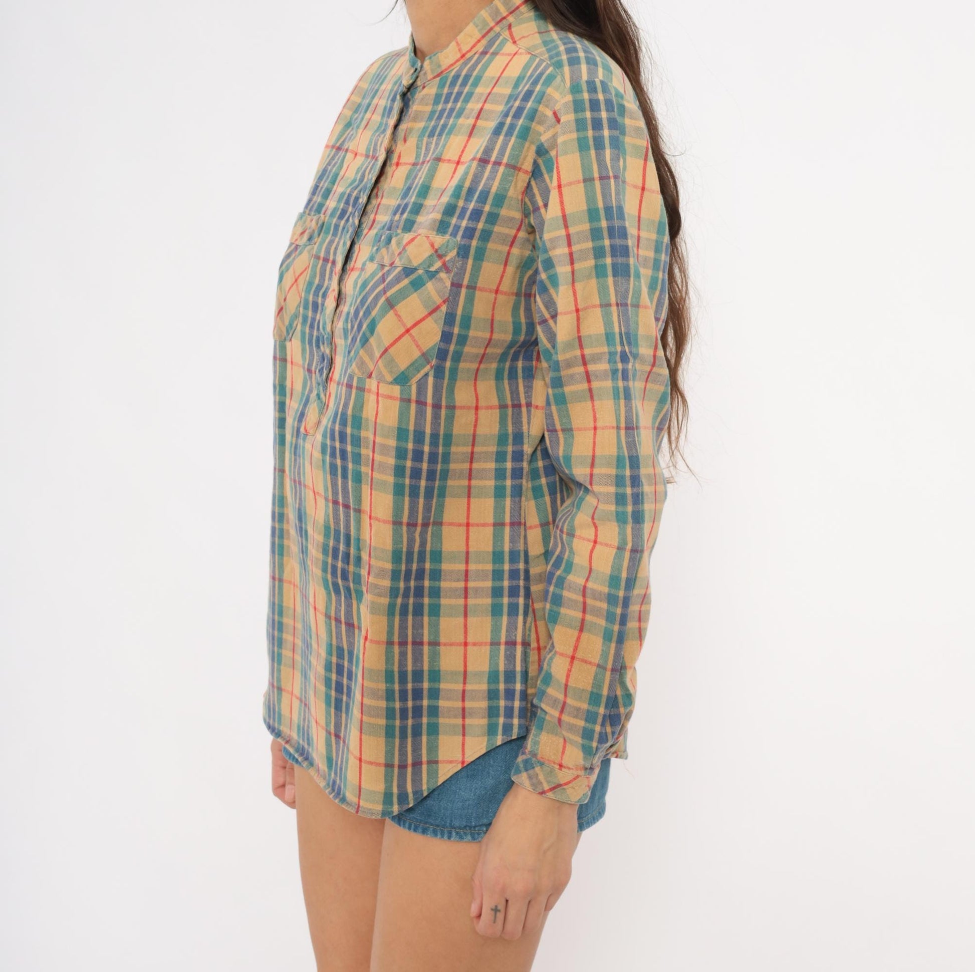 80s Hot Line Mervyns Plaid Henley Shirt Tan Navy Teal Red Cotton Small