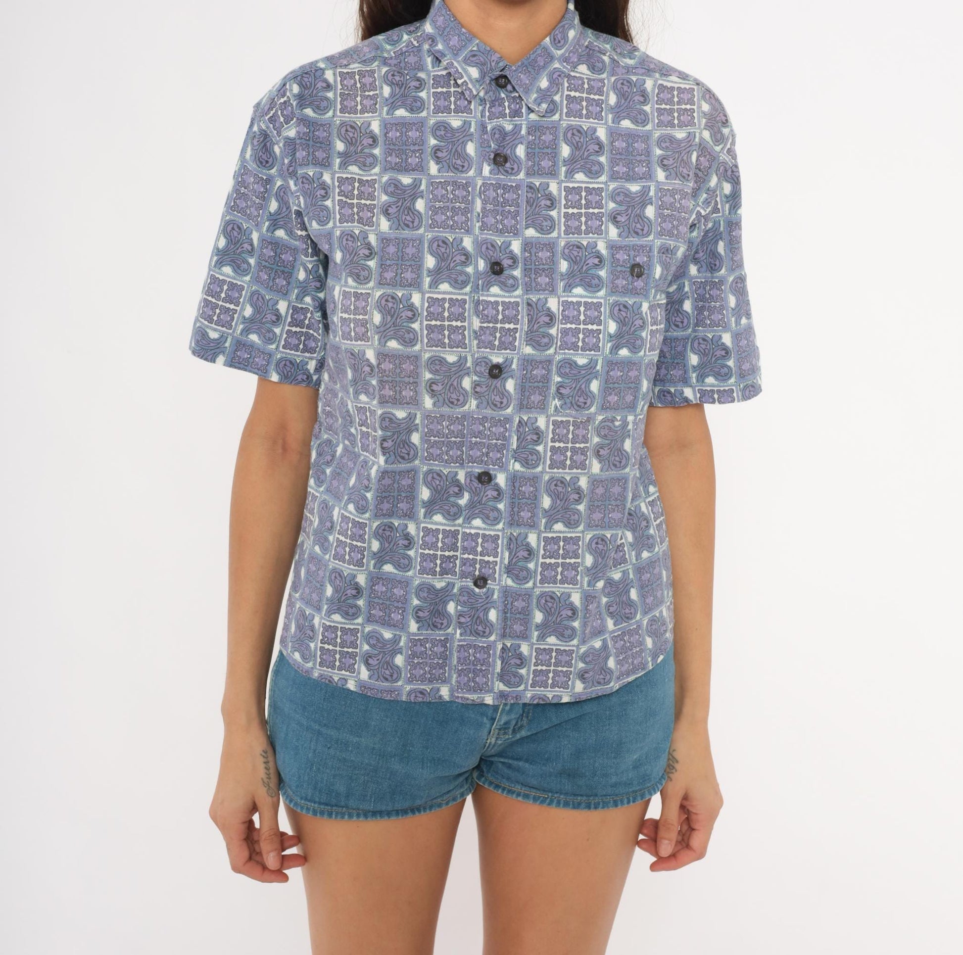 90s Tomorrow's Generation Tile Print Shirt Purple Paisley Cotton XS
