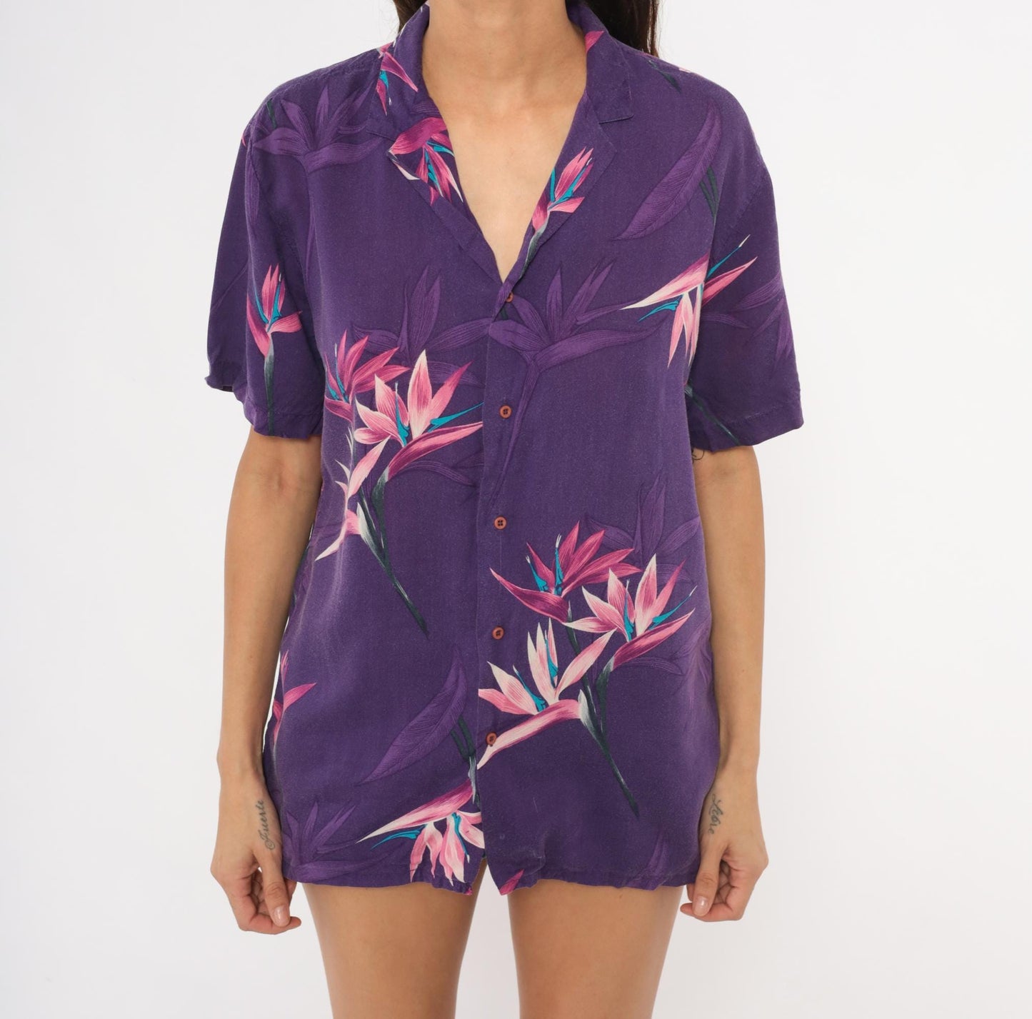 90s Hutspah Purple Hawaiian Shirt Bird Of Paradise Floral Camp Collar Medium M