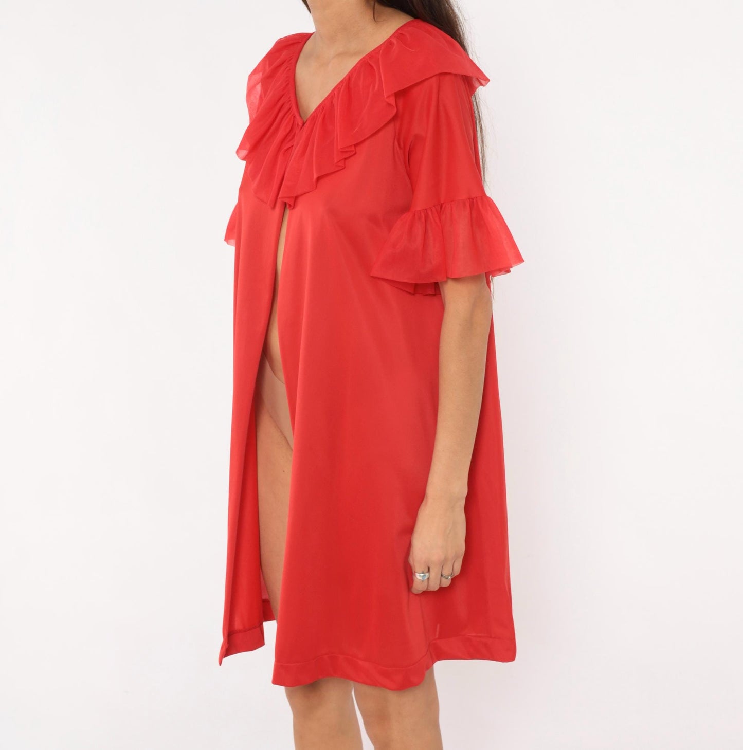 70s Le Voys Red Peignoir Robe Sheer Ruffle Collar Flutter Sleeve Medium
